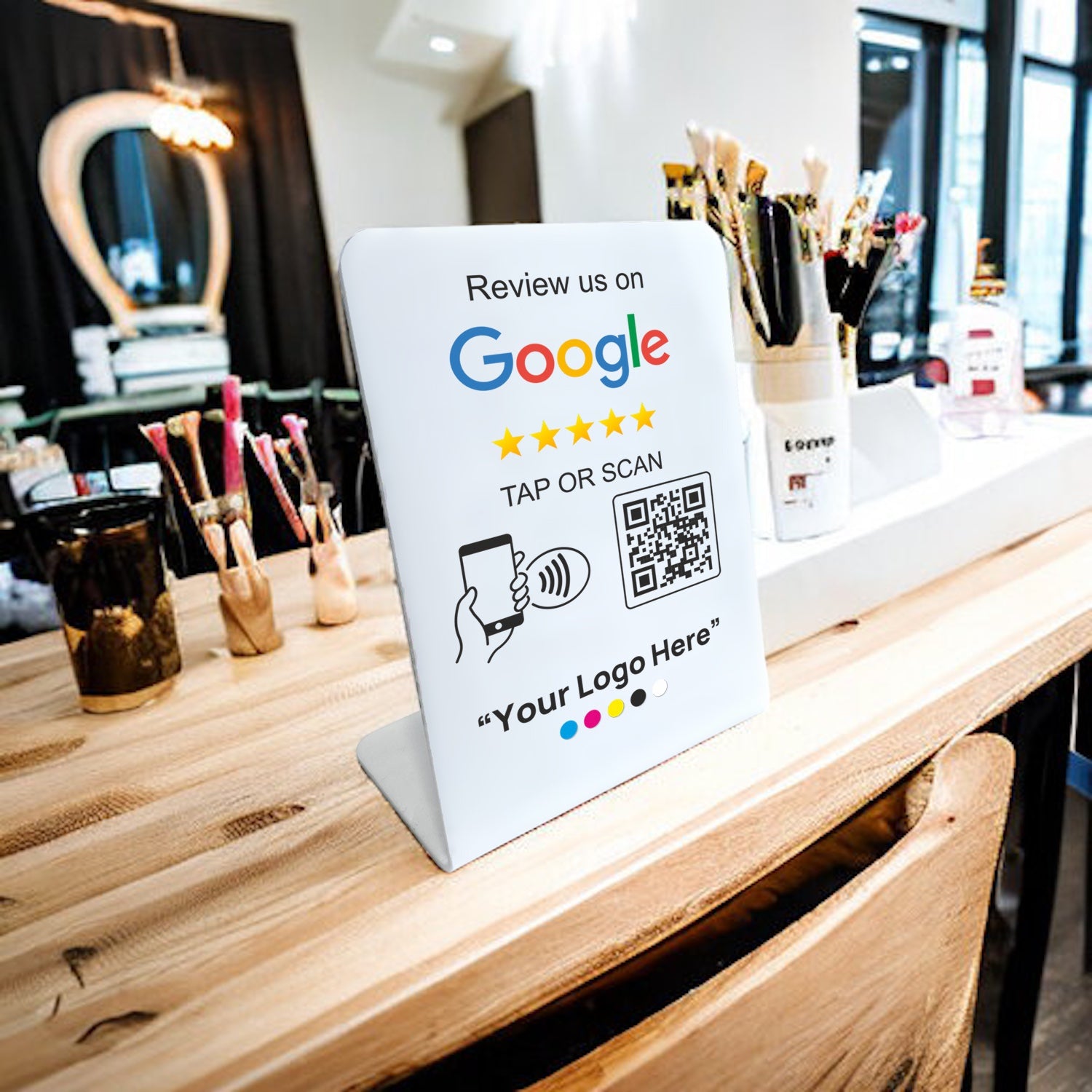 Smart-Tap, Google Review Table Talker με NFC/QR Code L-Shape White με το λογότυπό σας. Μικρό με έγχρωμη εκτύπωση