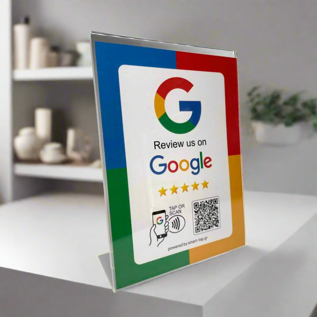 Smart-Tap, Google Review Table Talker με NFC/QR Code, L-Shape σε θήκη plexiglass A5 χωρίς το λογότυπο σας.