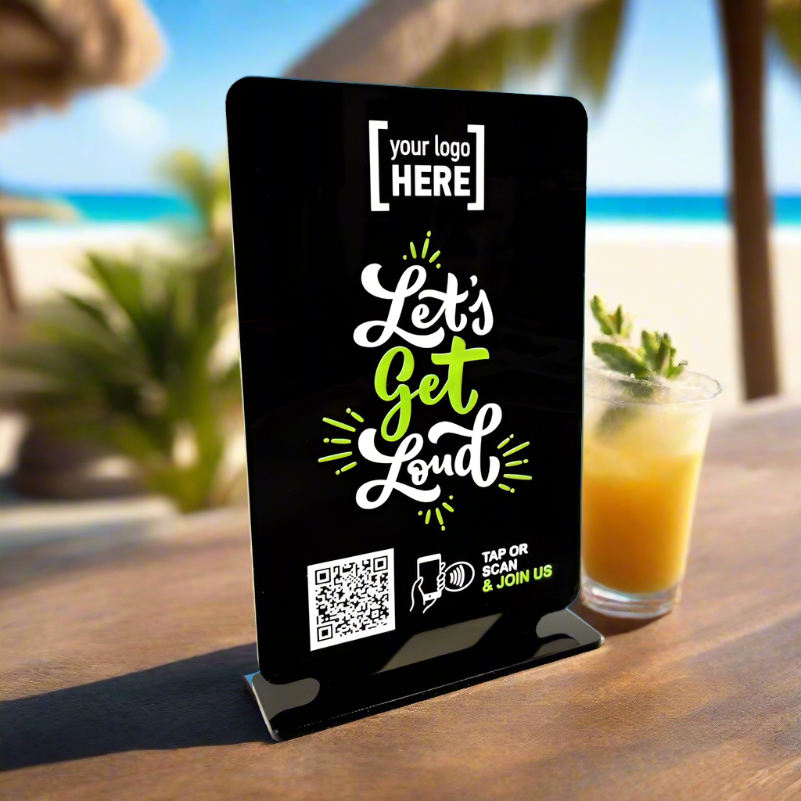 Smart-Tap, SocialLinks Table Talker T-Shape με το λογότυπό σας. Μαύρο, μικρό. Σχέδιο 1.