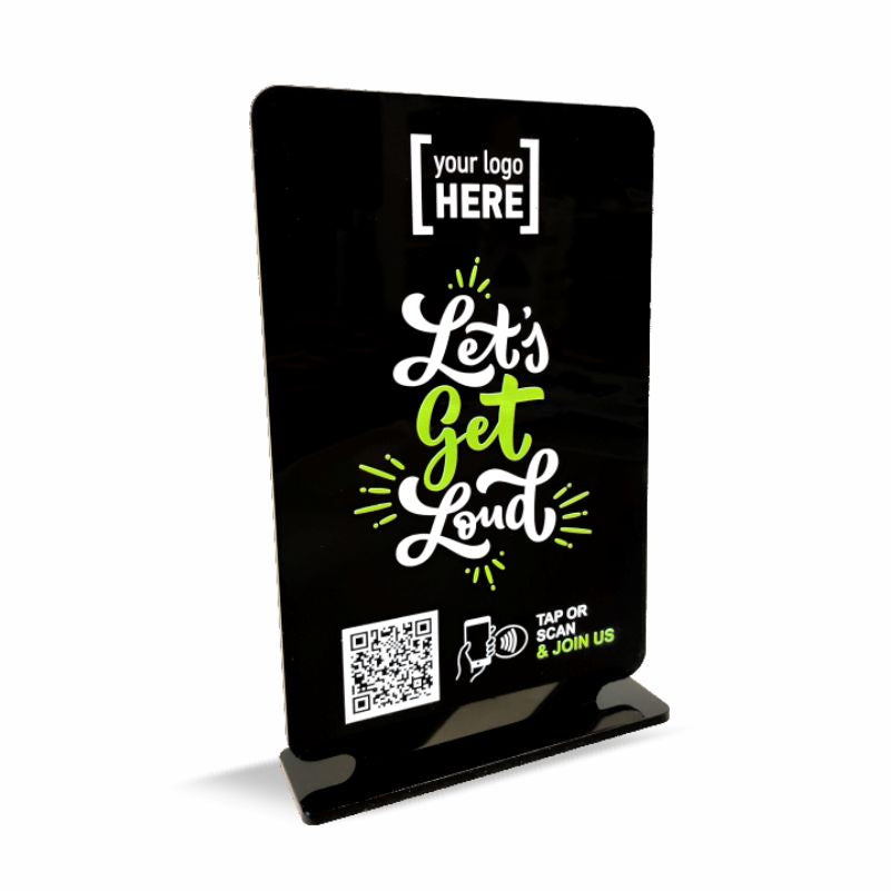 Smart-Tap, SocialLinks Table Talker T-Shape με το λογότυπό σας. Μαύρο, μικρό. Σχέδιο 1.