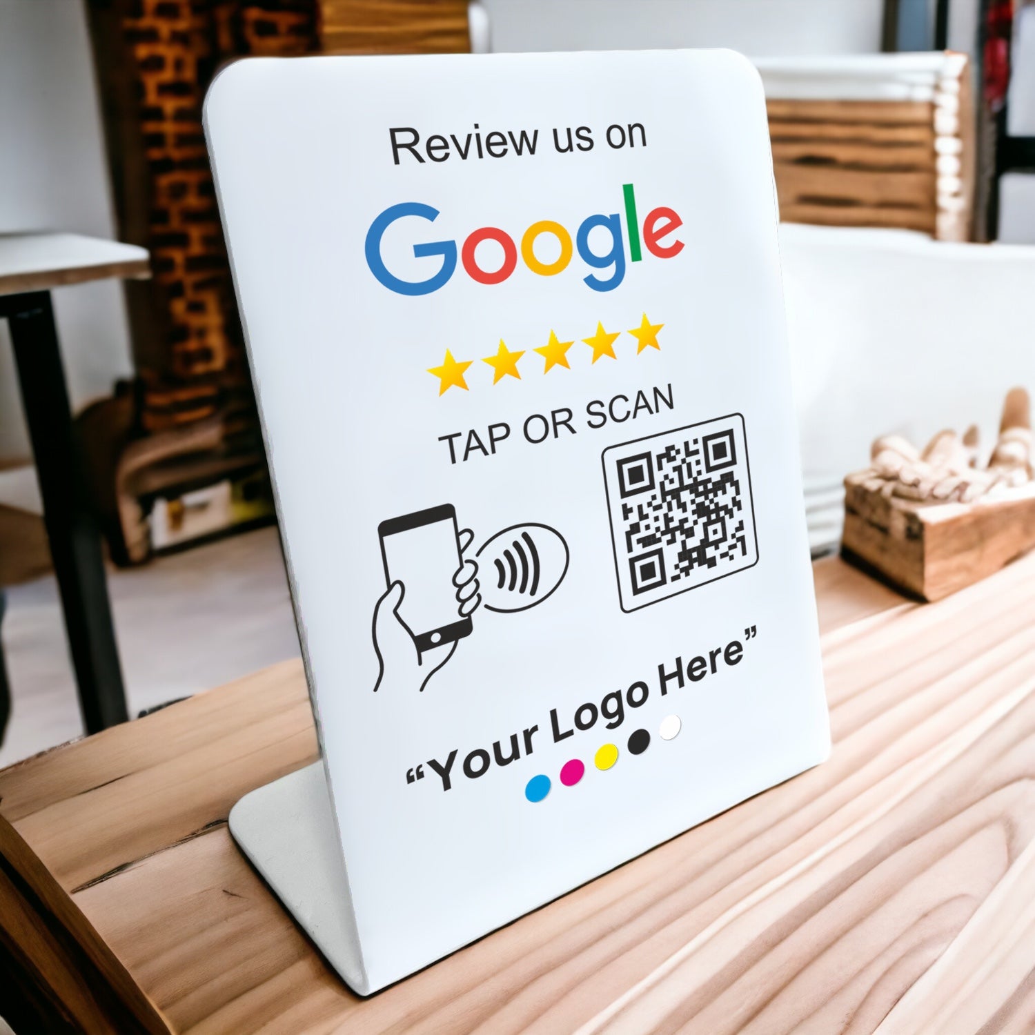 Smart-Tap, Google Review Table Talker με NFC/QR Code L-Shape White με το λογότυπό σας. Μεγάλο με έγχρωμη εκτύπωση