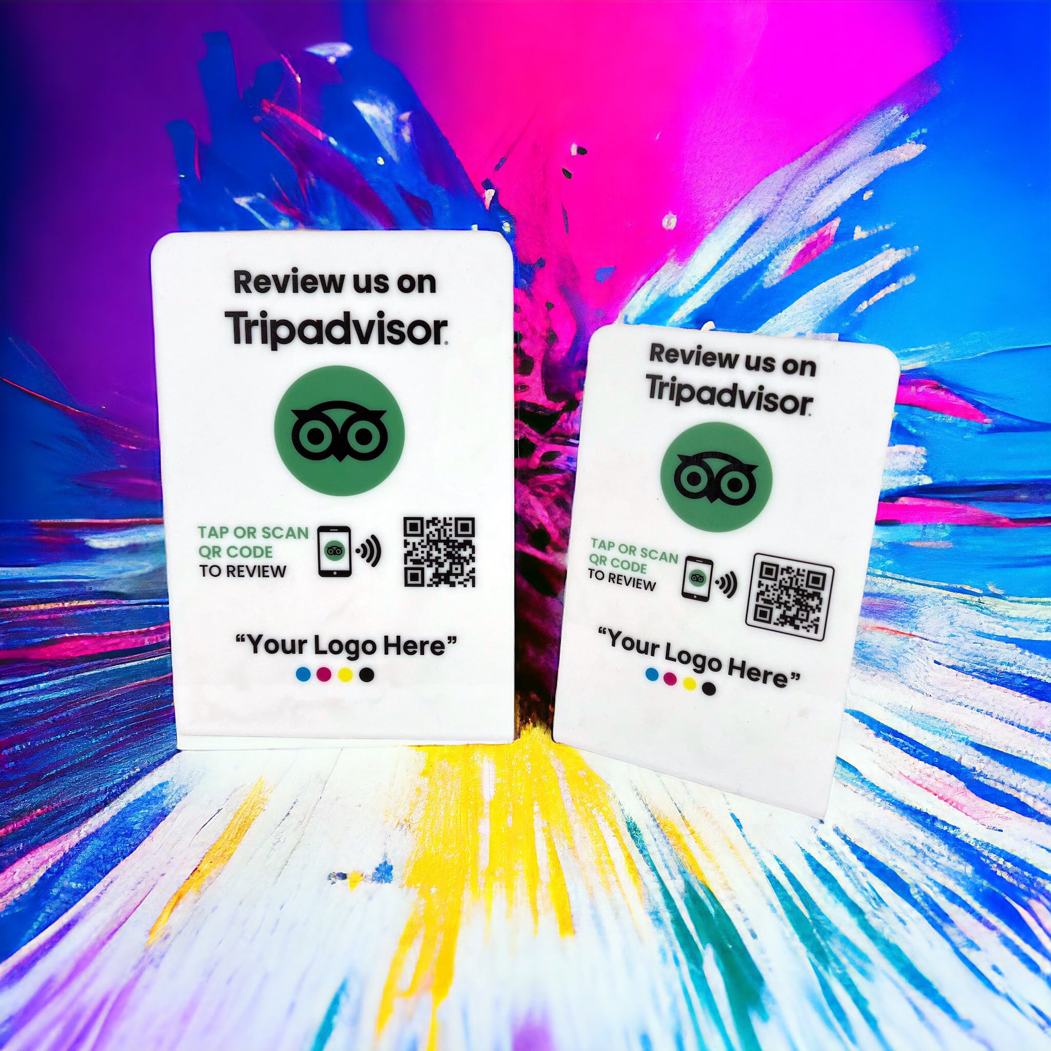 Smart-Tap, Tripadvisor Table Talker με NFC/QR Code, L-Shape με το λογότυπο σας. Μικρό και μεγάλο. Σε άσπρο χρώμα