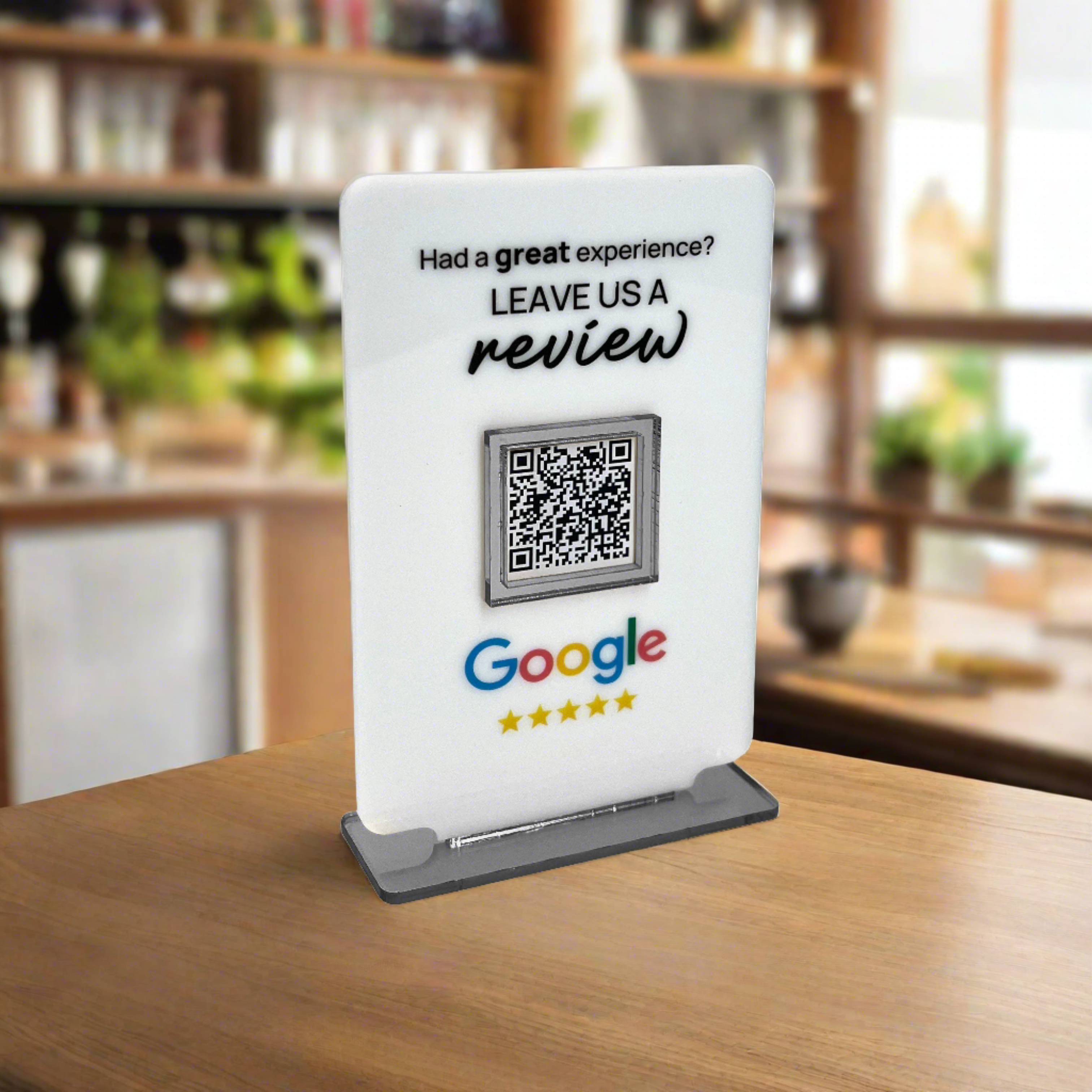 Smart-Tap, Google Review Table Talker με NFC/QR Code, T-Shape Small με το λογότυπό σας. Άσπρο με ασημένια διακοσμητικά