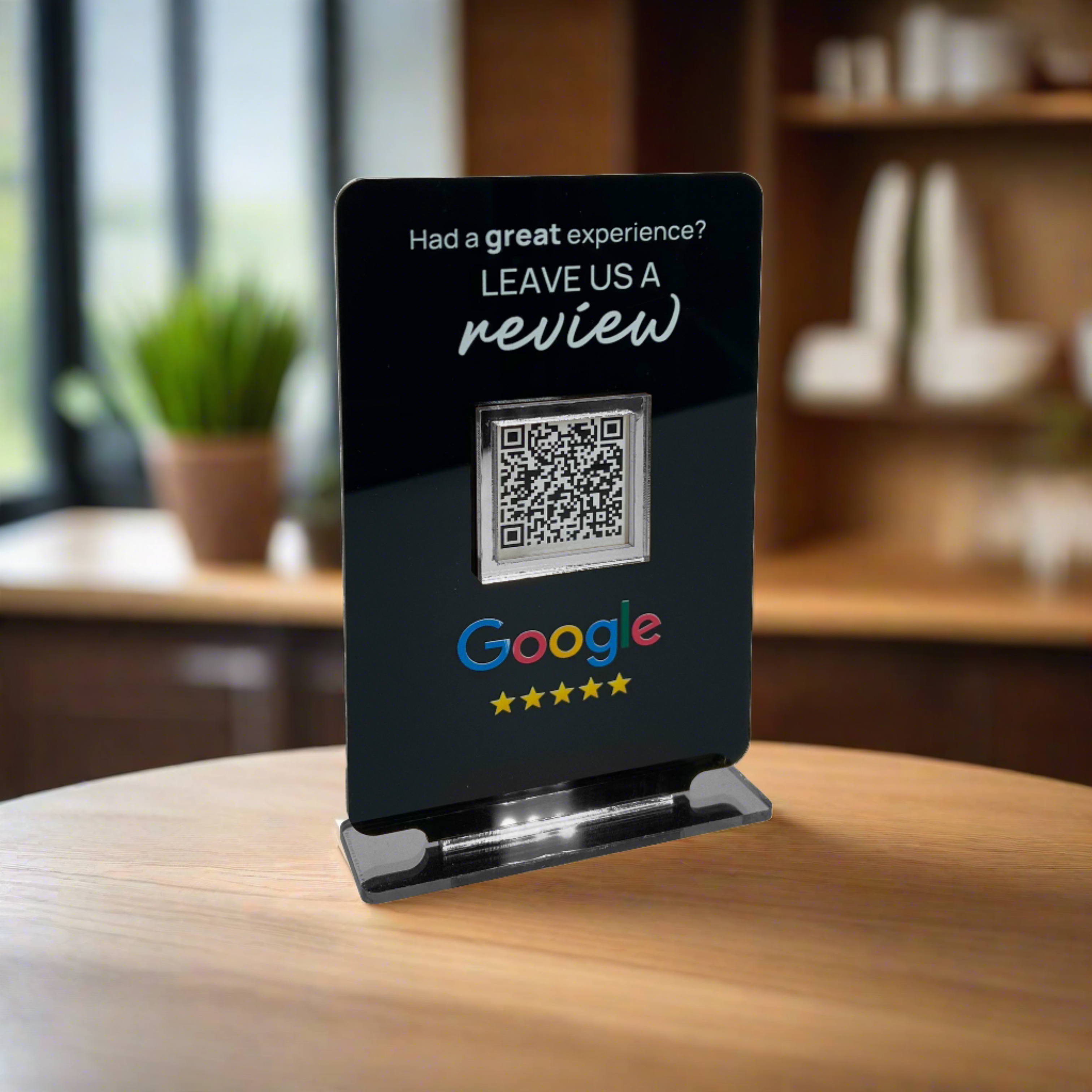 Smart-Tap, Google Review Table Talker με NFC/QR Code, T-Shape Small με το λογότυπό σας. Μαύρο με ασημένια διακοσμητικά