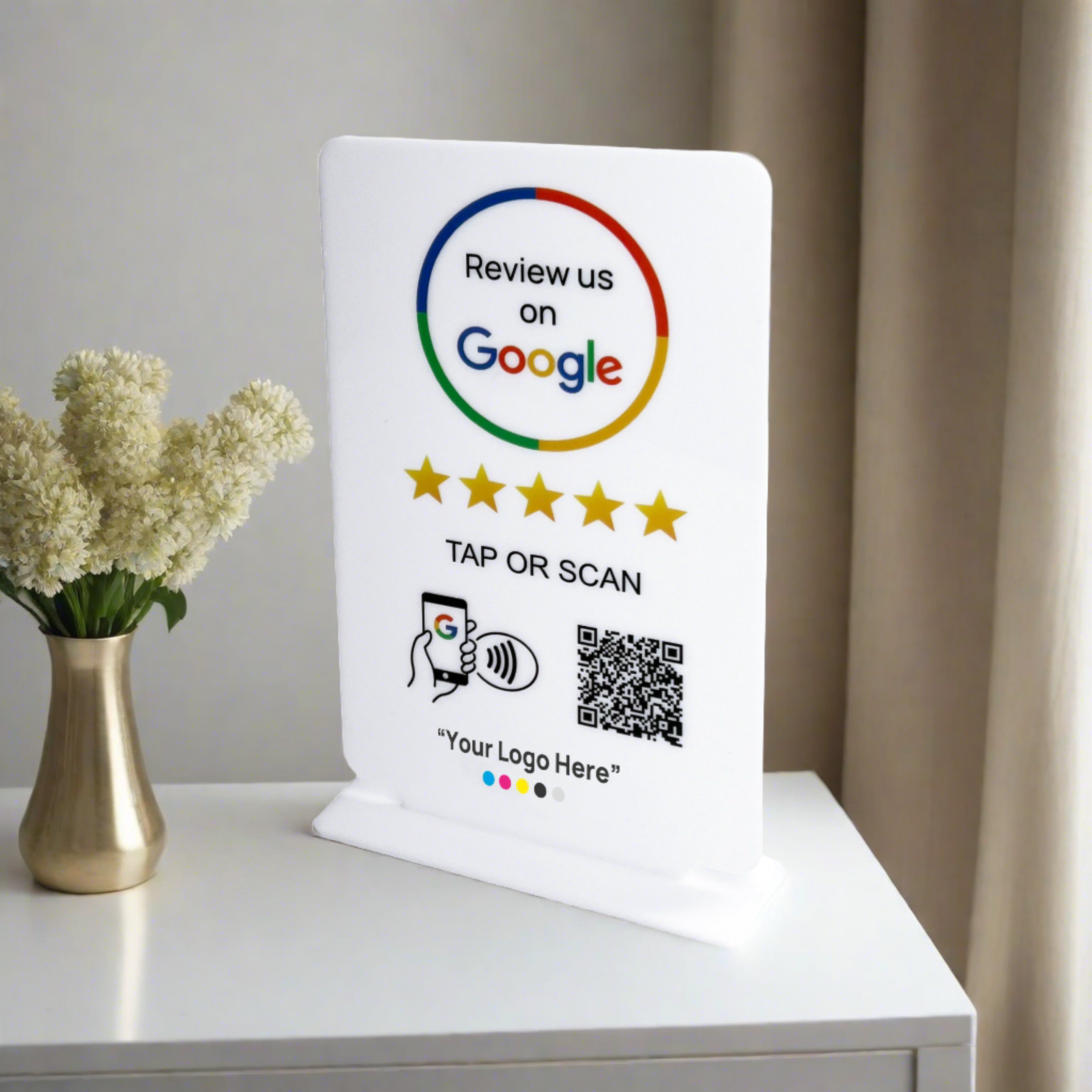Smart-Tap, Google Review Table Talker με NFC/QR Code, T-Shape με το λογότυπο σας. Άσπρο μεγάλο.