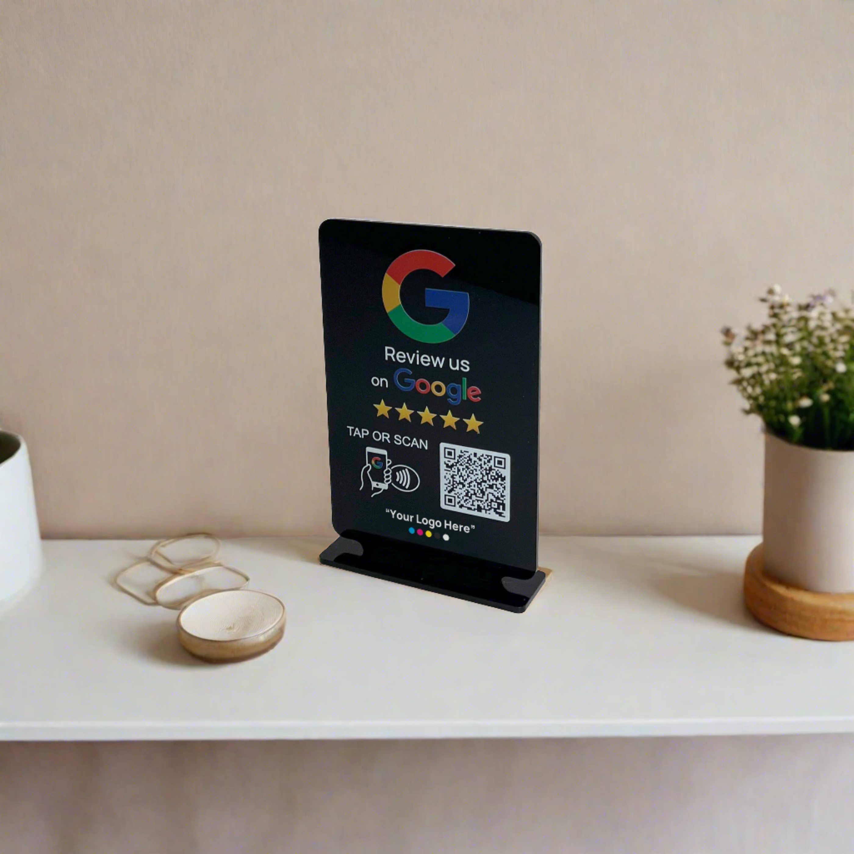 Smart-Tap, Google Review Table Talker με NFC/QR Code, T-Shape με το λογότυπο σας. Μαύρο μικρό