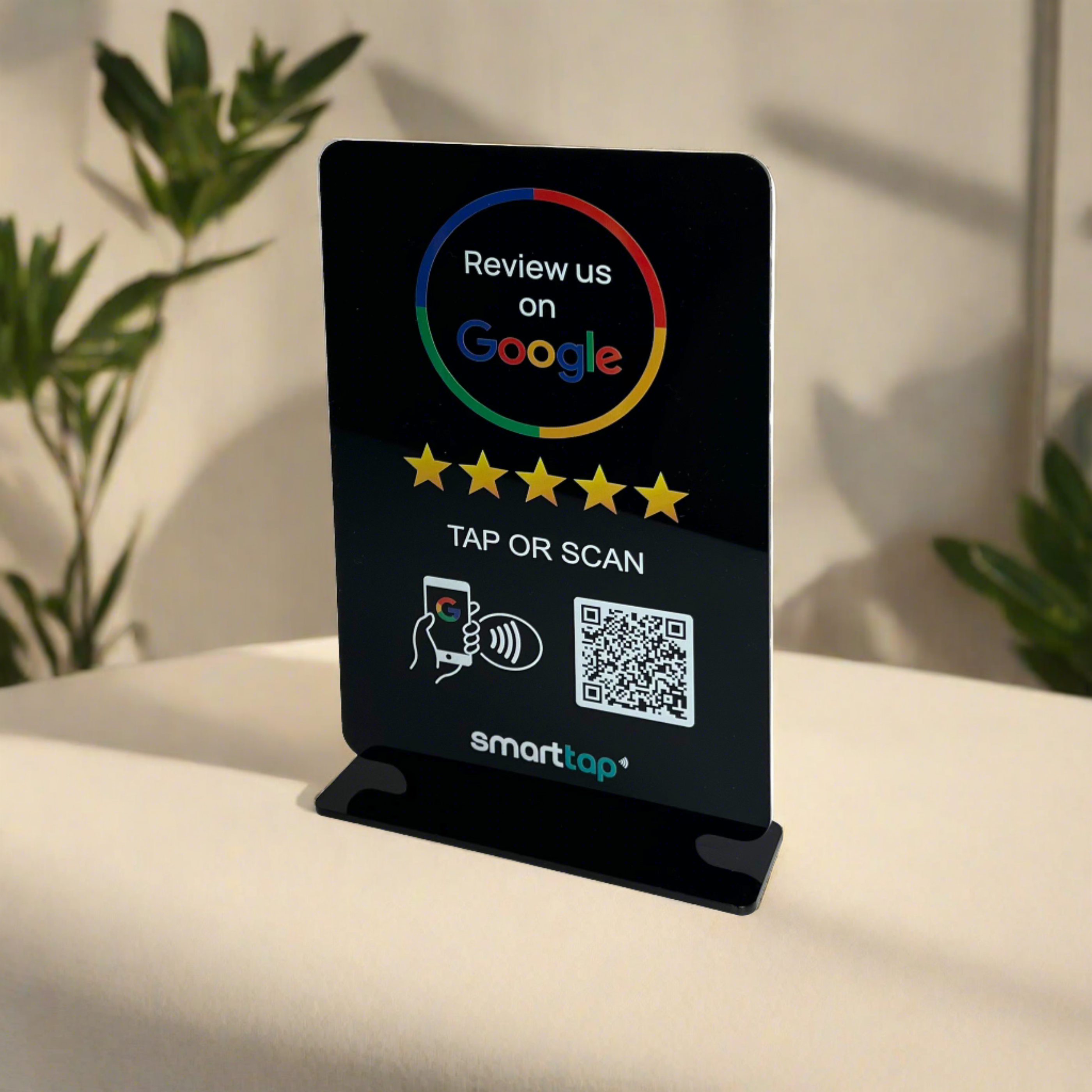 Smart-Tap, Google Review Table Talker με NFC/QR Code, T-Shape χωρίς το λογότυπο σας. Μεγάλο σε μαύρο χρώμα
