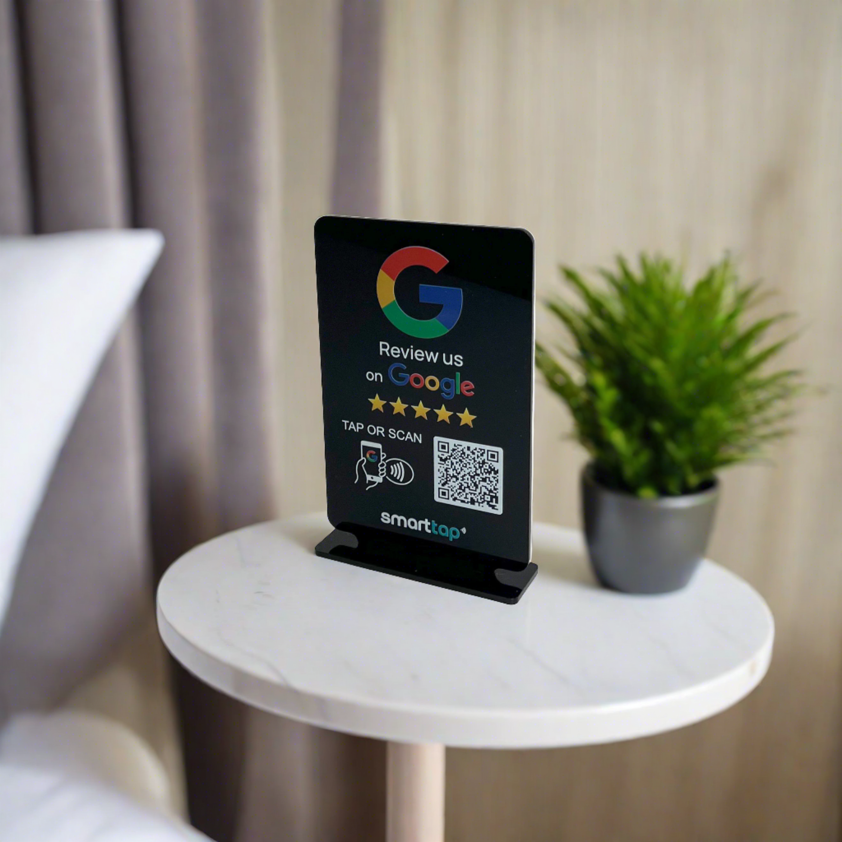Smart-Tap, Google Review Table Talker με NFC/QR Code, T-Shape χωρίς το λογότυπο σας. Μικρό σε μαύρο χρώμα
