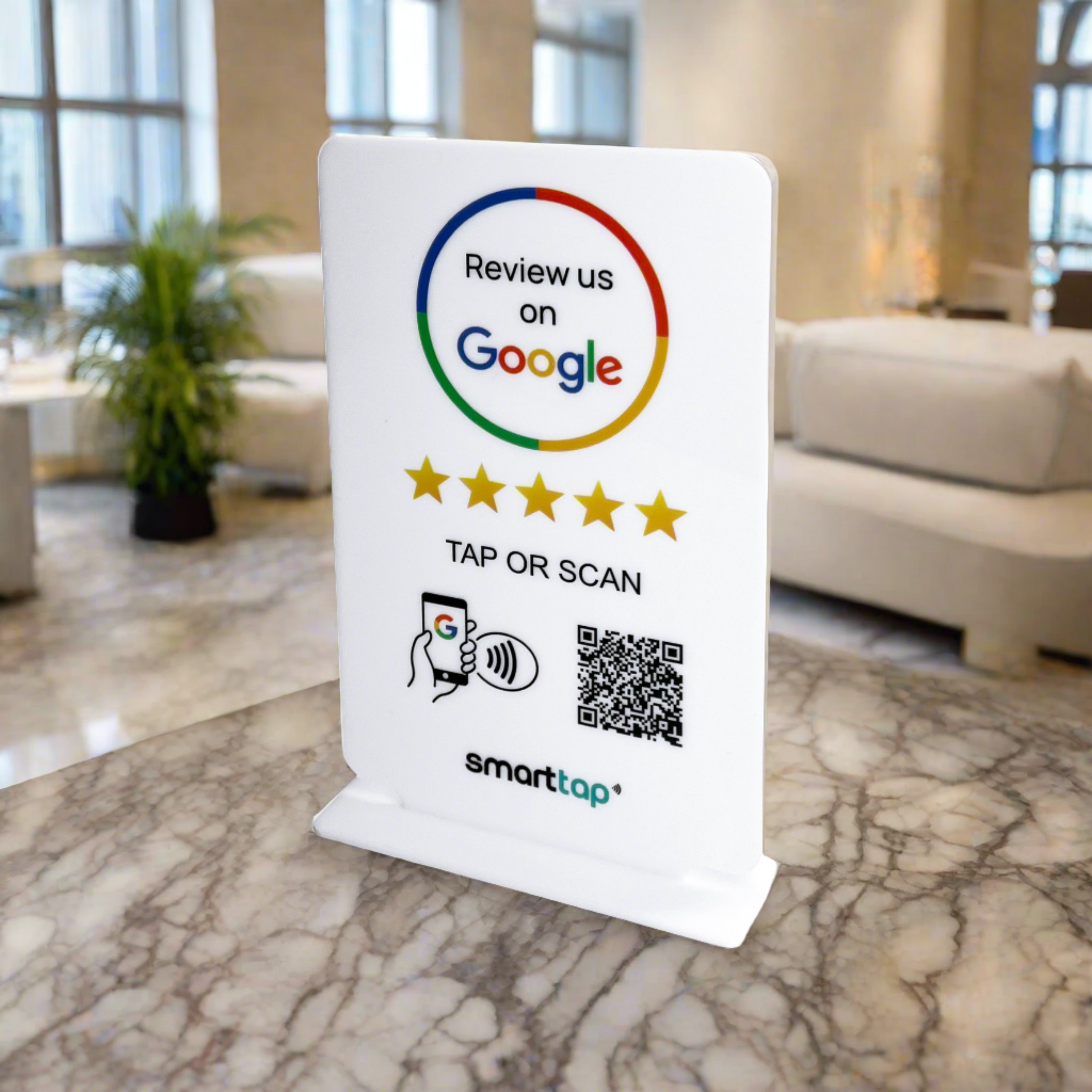 Smart-Tap, Google Review Table Talker με NFC/QR Code, T-Shape χωρίς το λογότυπο σας. Μεγάλο σε άσπρο χρώμα