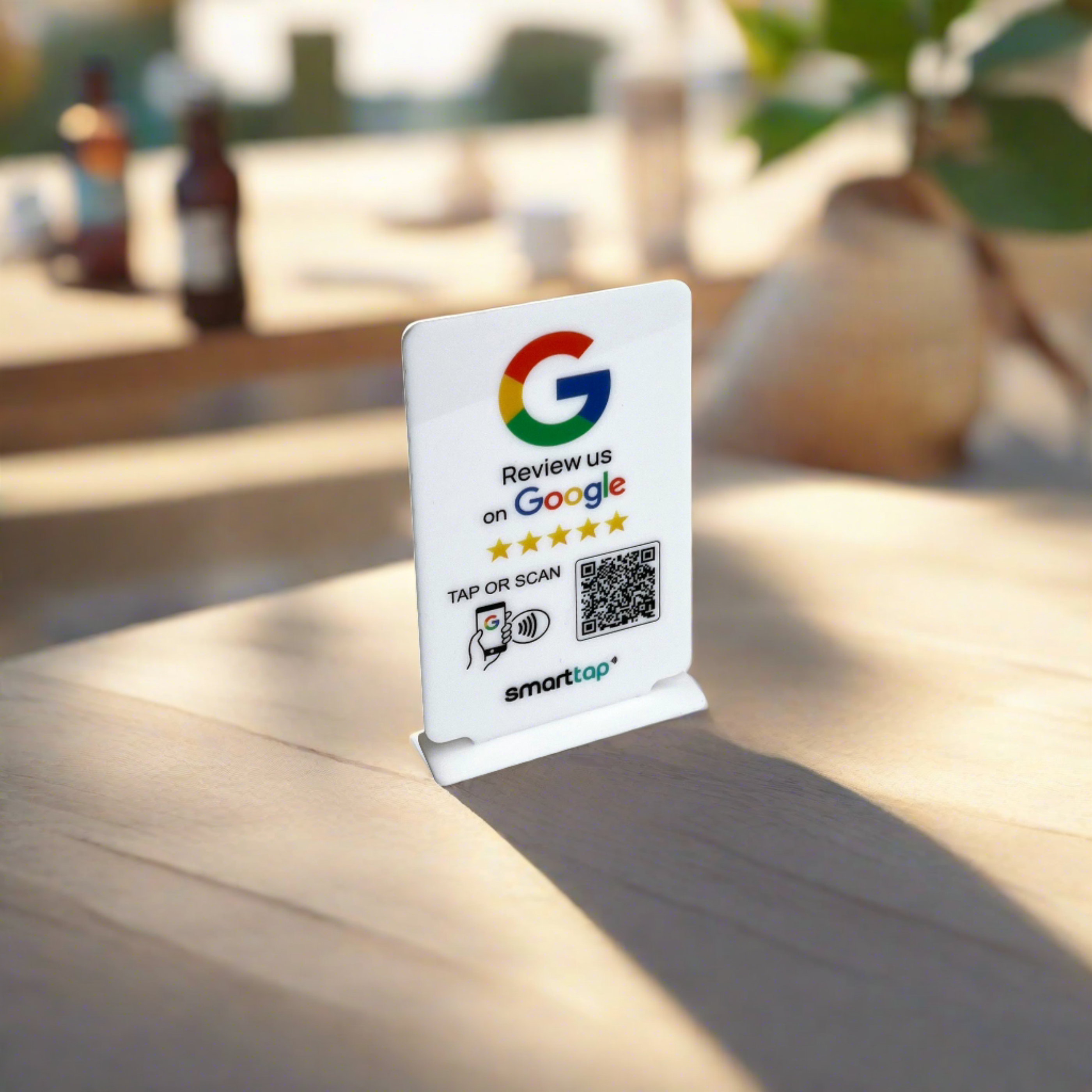 Smart-Tap, Google Review Table Talker με NFC/QR Code, T-Shape χωρίς το λογότυπο σας. Μικρό σε άσπρο χρώμα