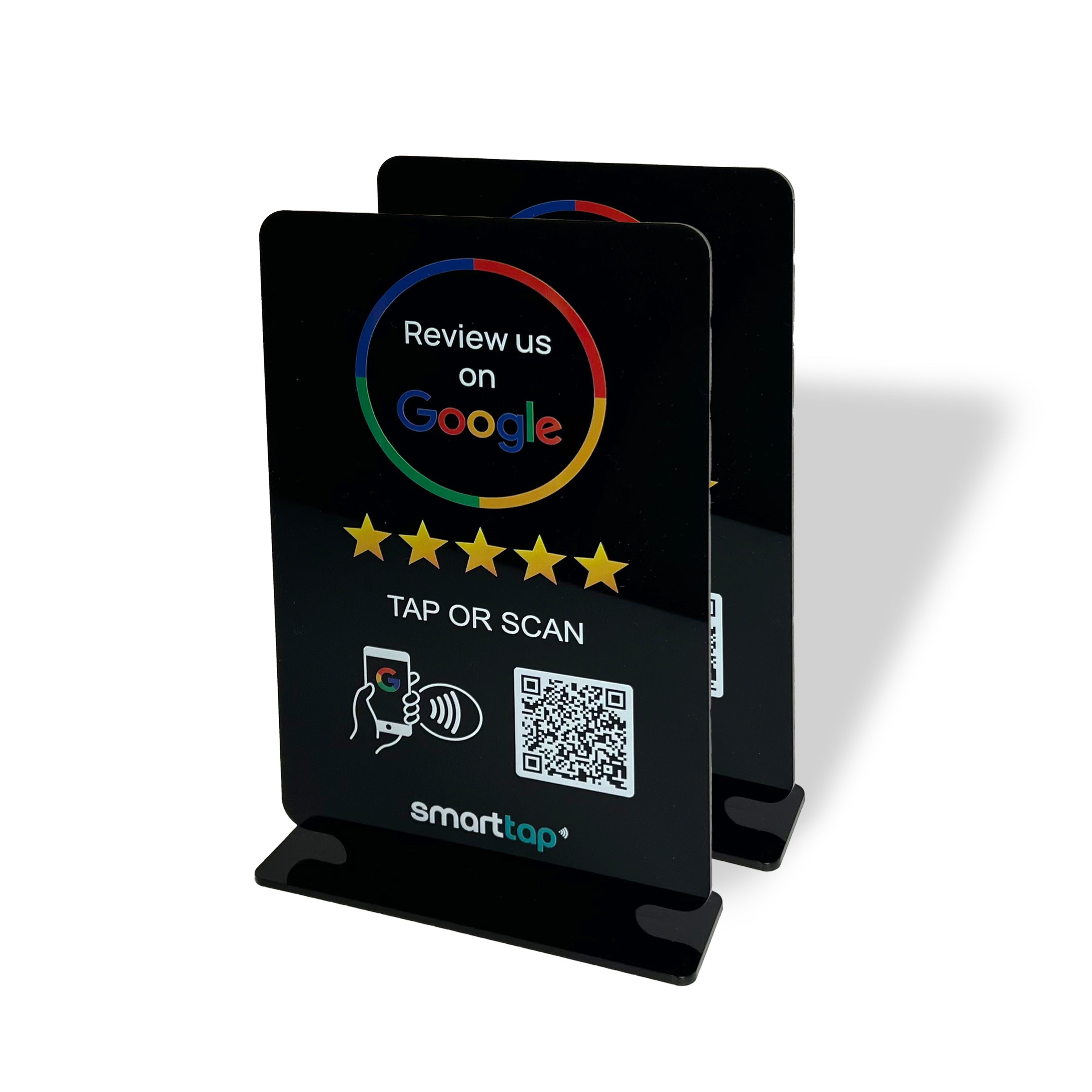 Smart-Tap, Google Review Table Talker με NFC/QR Code, T-Shape χωρίς το λογότυπο σας. Μεγάλο σε μαύρο χρώμα. Σετ 2 τεμαχίων