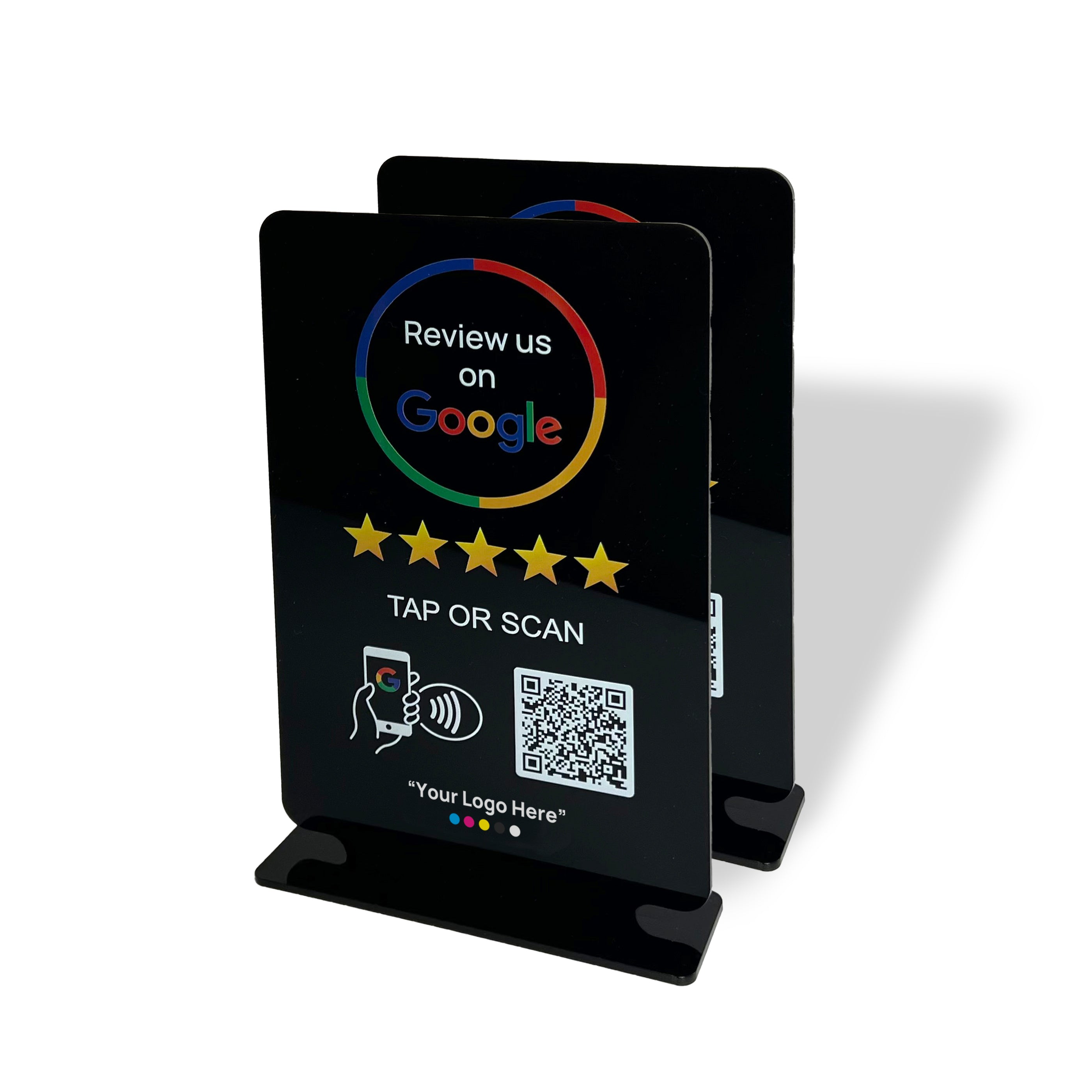 Smart-Tap, Google Review Table Talker με NFC/QR Code, T-Shape με το λογότυπο σας. Μαύρο μεγάλο. Σετ των 2