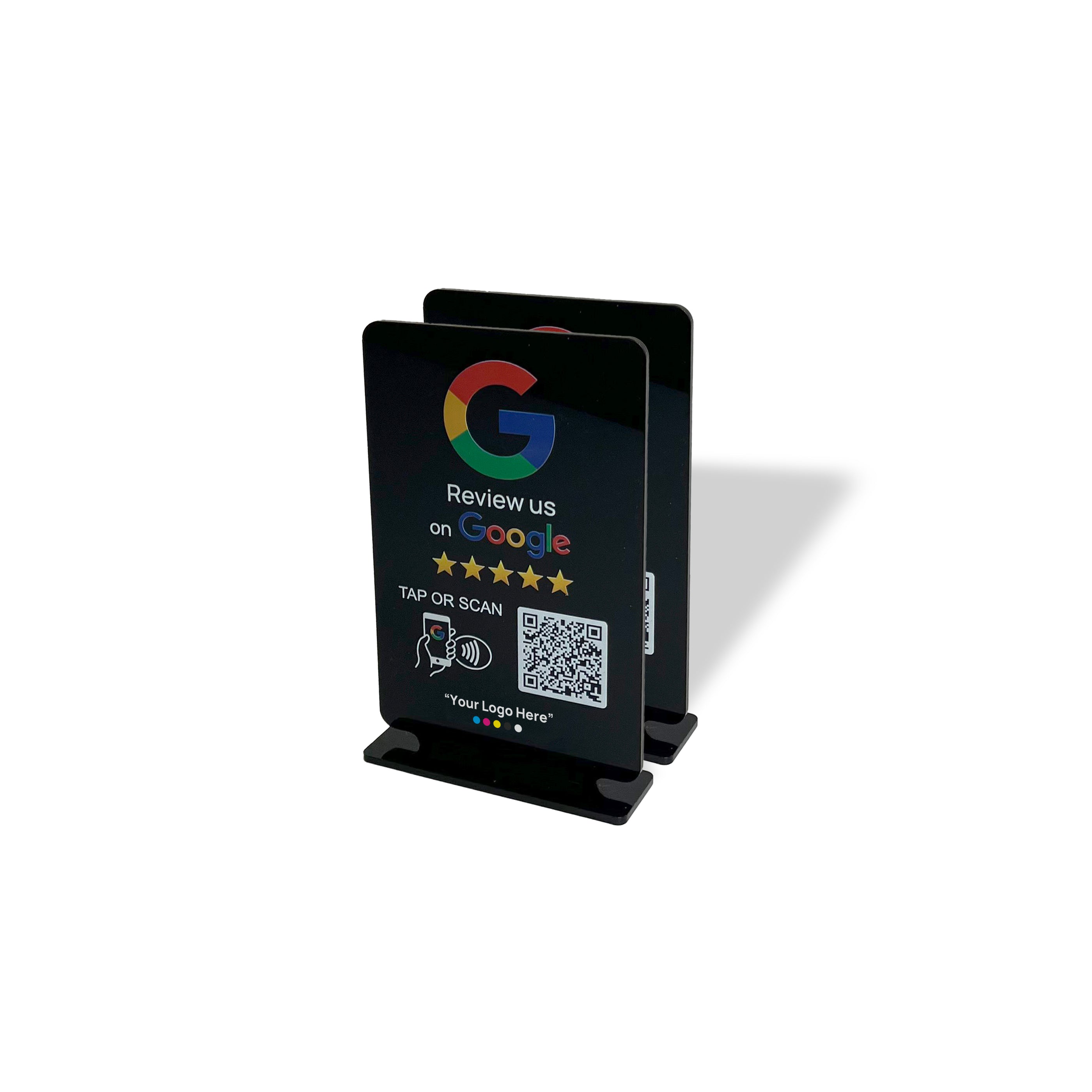 Smart-Tap, Google Review Table Talker με NFC/QR Code, T-Shape με το λογότυπο σας. Μαύρο μικρό. Σετ των 2