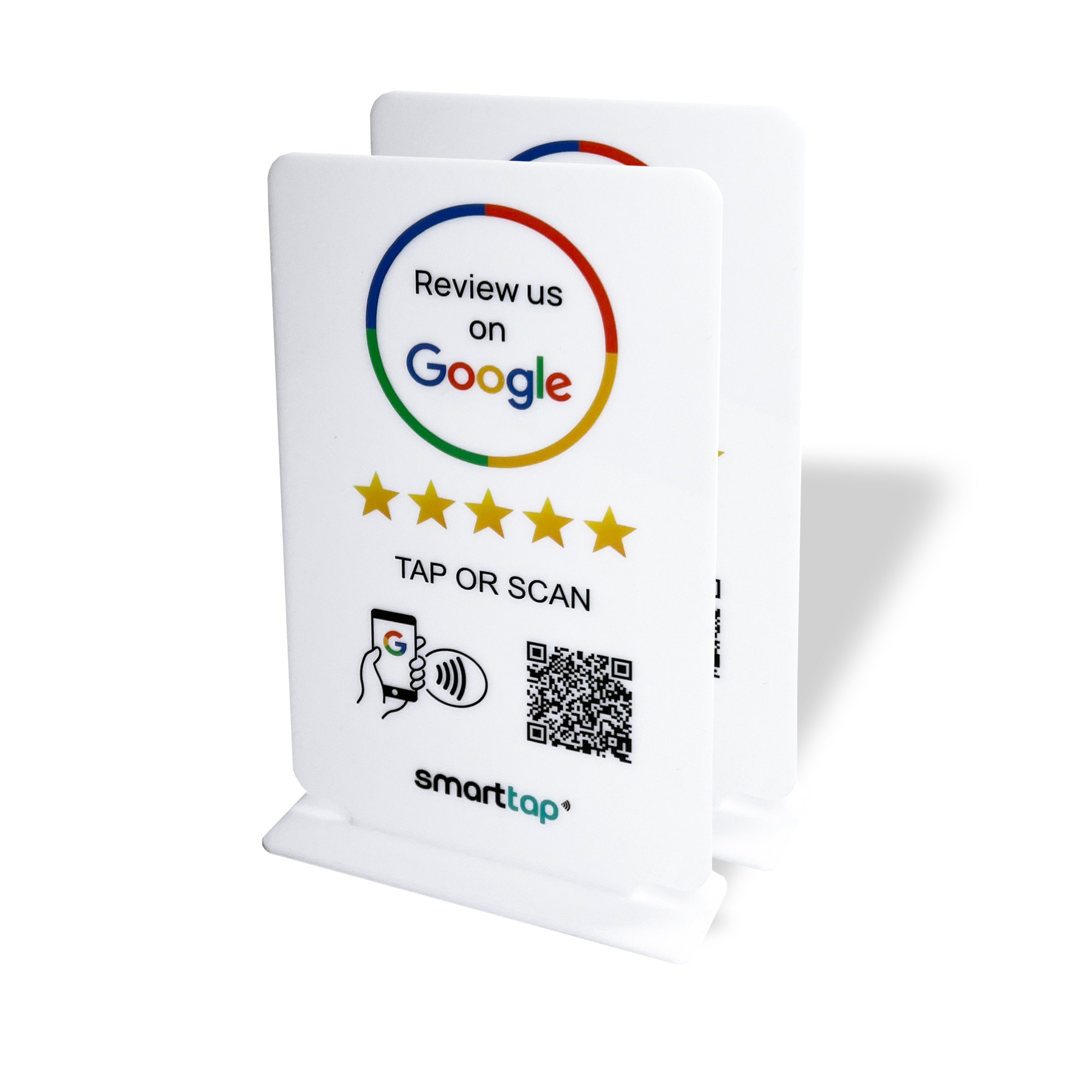 Smart-Tap, Google Review Table Talker με NFC/QR Code, T-Shape χωρίς το λογότυπο σας. Μεγάλο σε άσπρο χρώμα. Σετ 2 τεμαχίων