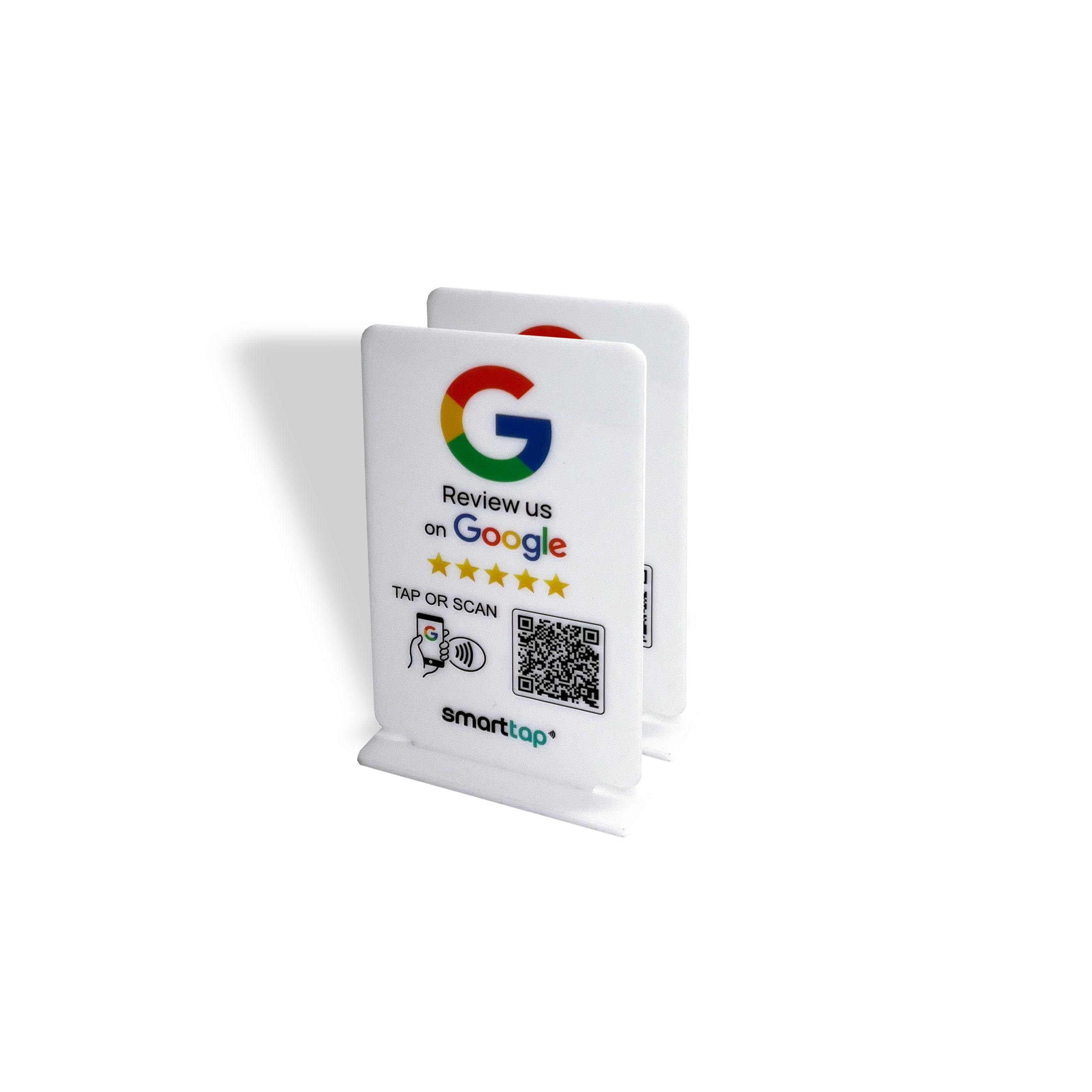 Smart-Tap, Google Review Table Talker με NFC/QR Code, T-Shape χωρίς το λογότυπο σας. Μικρό σε άσπρο χρώμα. Σετ 2 τεμαχίων