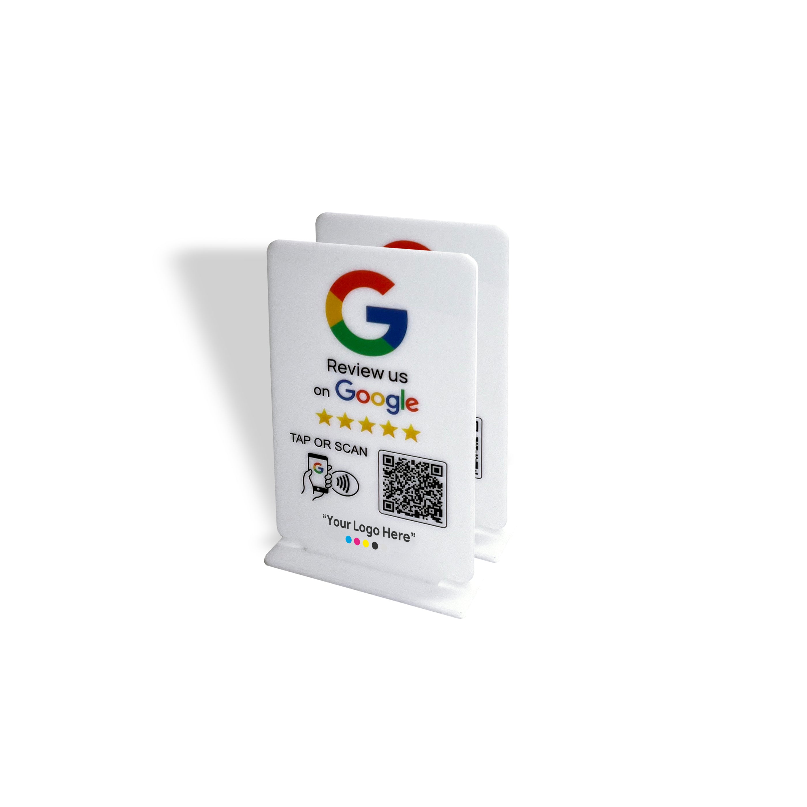 Smart-Tap, Google Review Table Talker με NFC/QR Code, T-Shape με το λογότυπο σας. Άσπρο μικρό. Σετ των 2