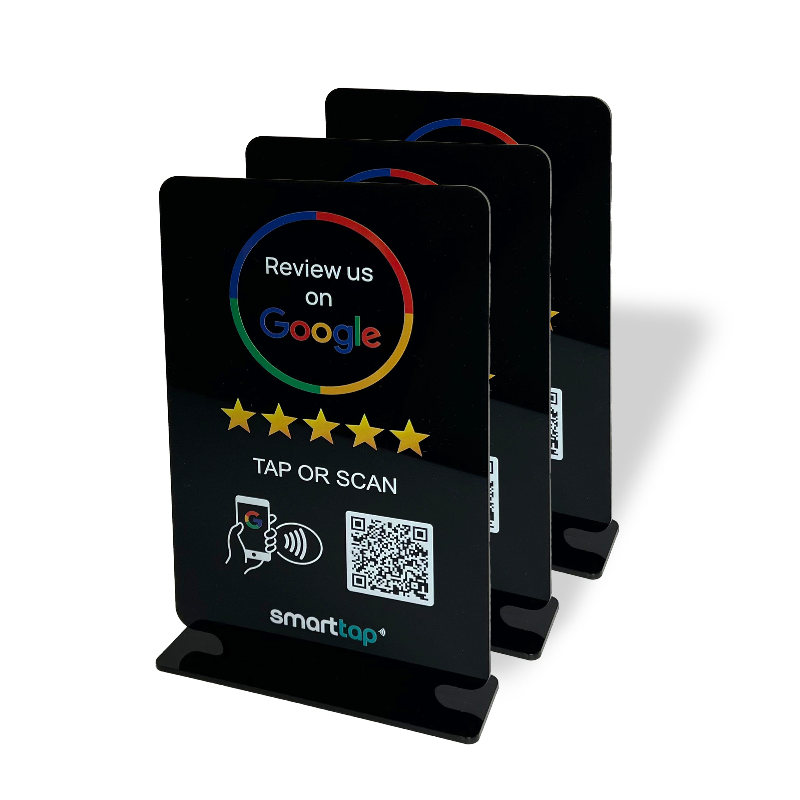 Smart-Tap, Google Review Table Talker με NFC/QR Code, T-Shape χωρίς το λογότυπο σας. Μεγάλο σε μαύρο χρώμα. Σετ 3 τεμαχίων