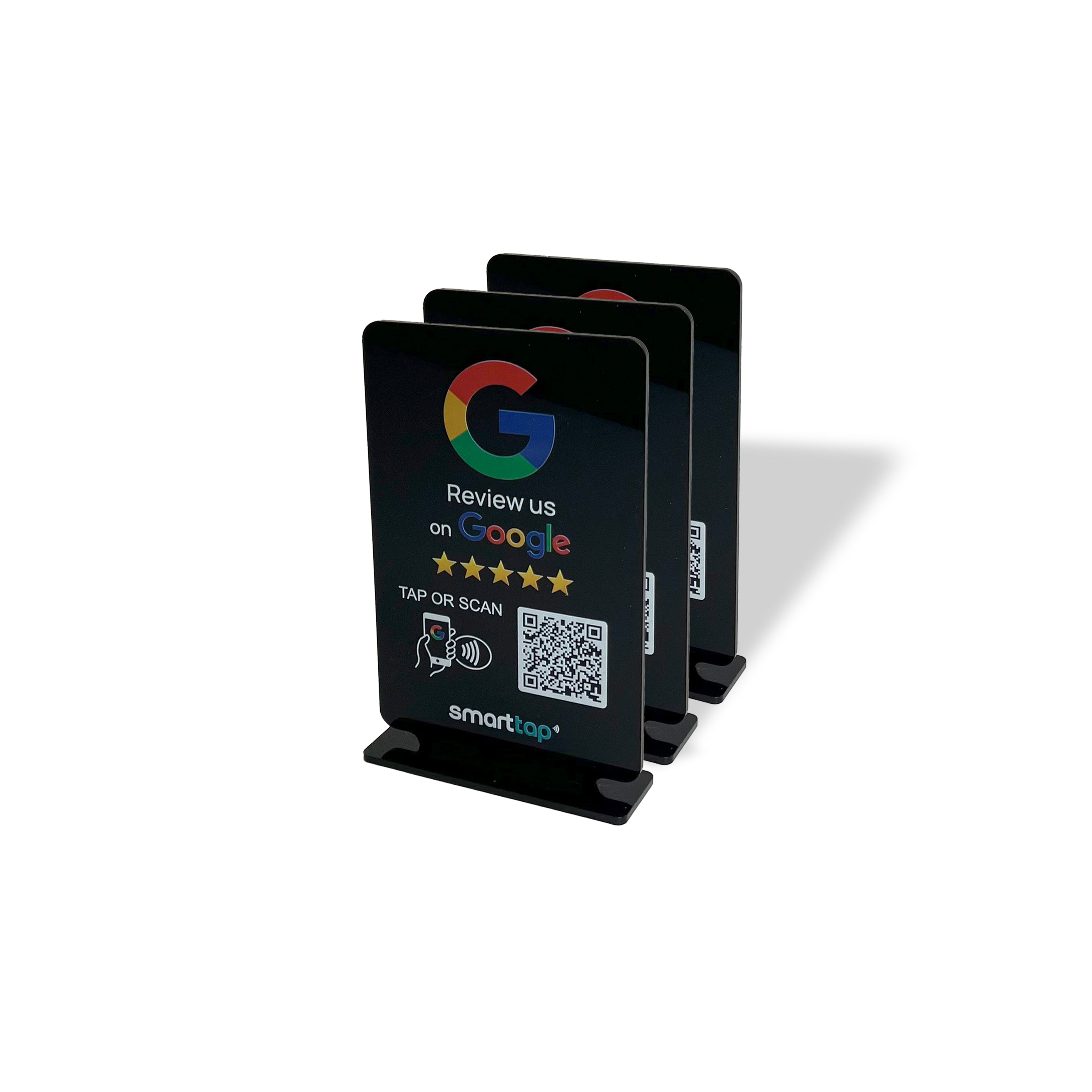 Smart-Tap, Google Review Table Talker με NFC/QR Code, T-Shape χωρίς το λογότυπο σας. Μικρό σε μαύρο χρώμα. Σετ 3 τεμαχίων