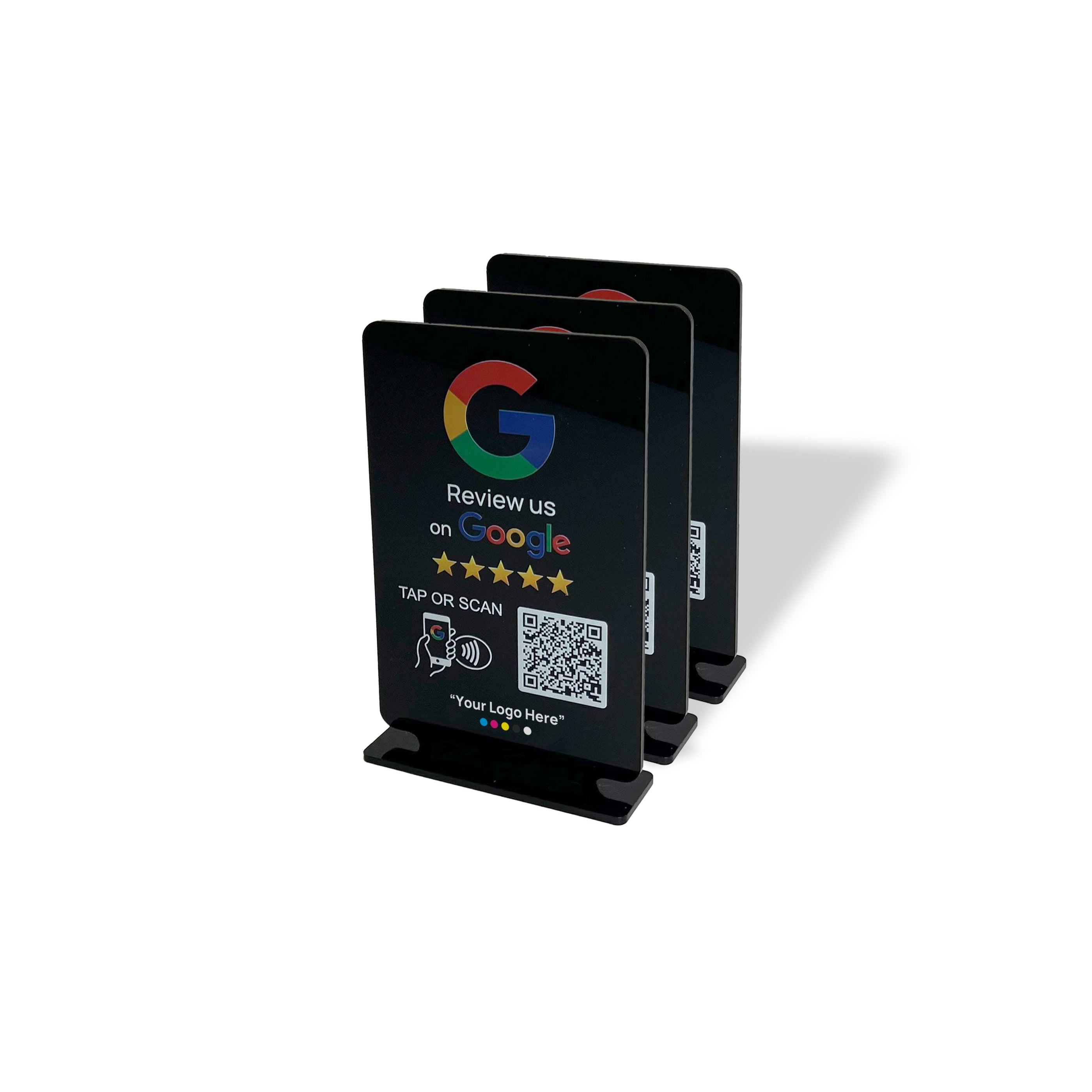 Smart-Tap, Google Review Table Talker με NFC/QR Code, T-Shape με το λογότυπο σας. Μαύρο μικρό. Σετ των 3