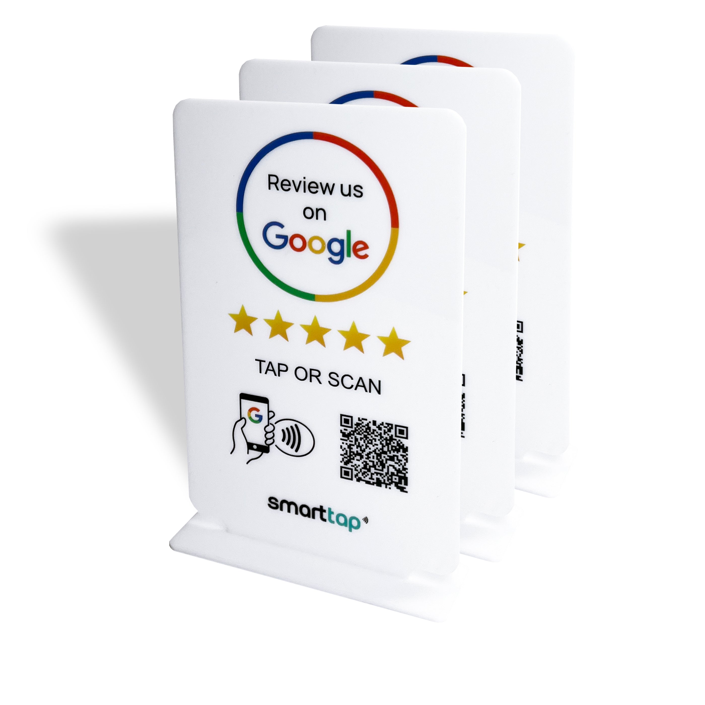 Smart-Tap, Google Review Table Talker με NFC/QR Code, T-Shape χωρίς το λογότυπο σας. Μεγάλο σε άσπρο χρώμα. Σετ 3 τεμαχίων