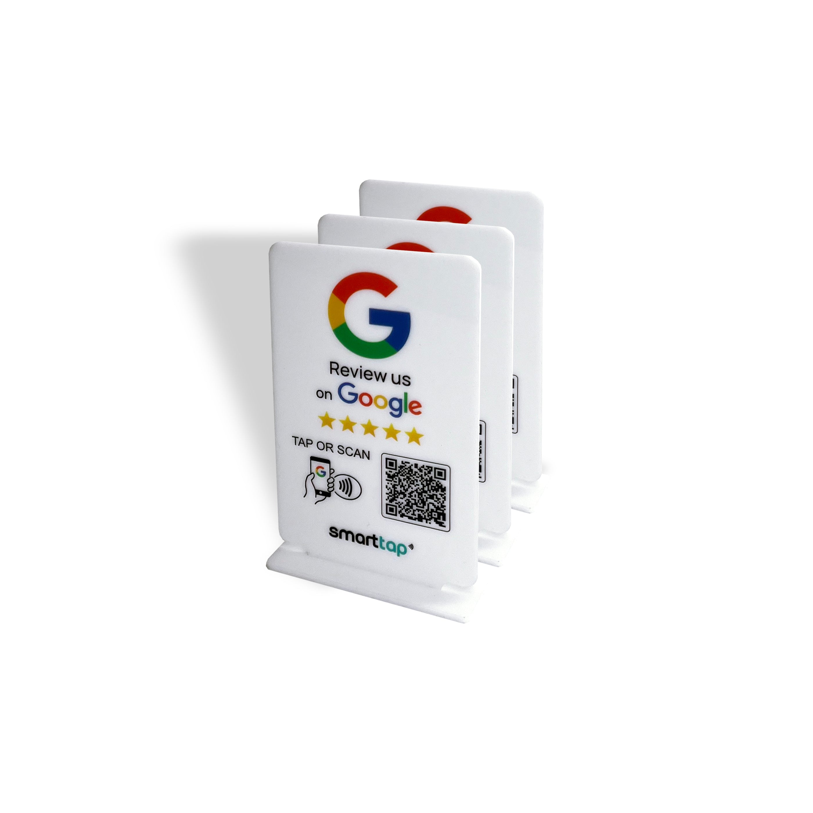 Smart-Tap, Google Review Table Talker με NFC/QR Code, T-Shape χωρίς το λογότυπο σας. Μικρό σε άσπρο χρώμα. Σετ 3 τεμαχίων