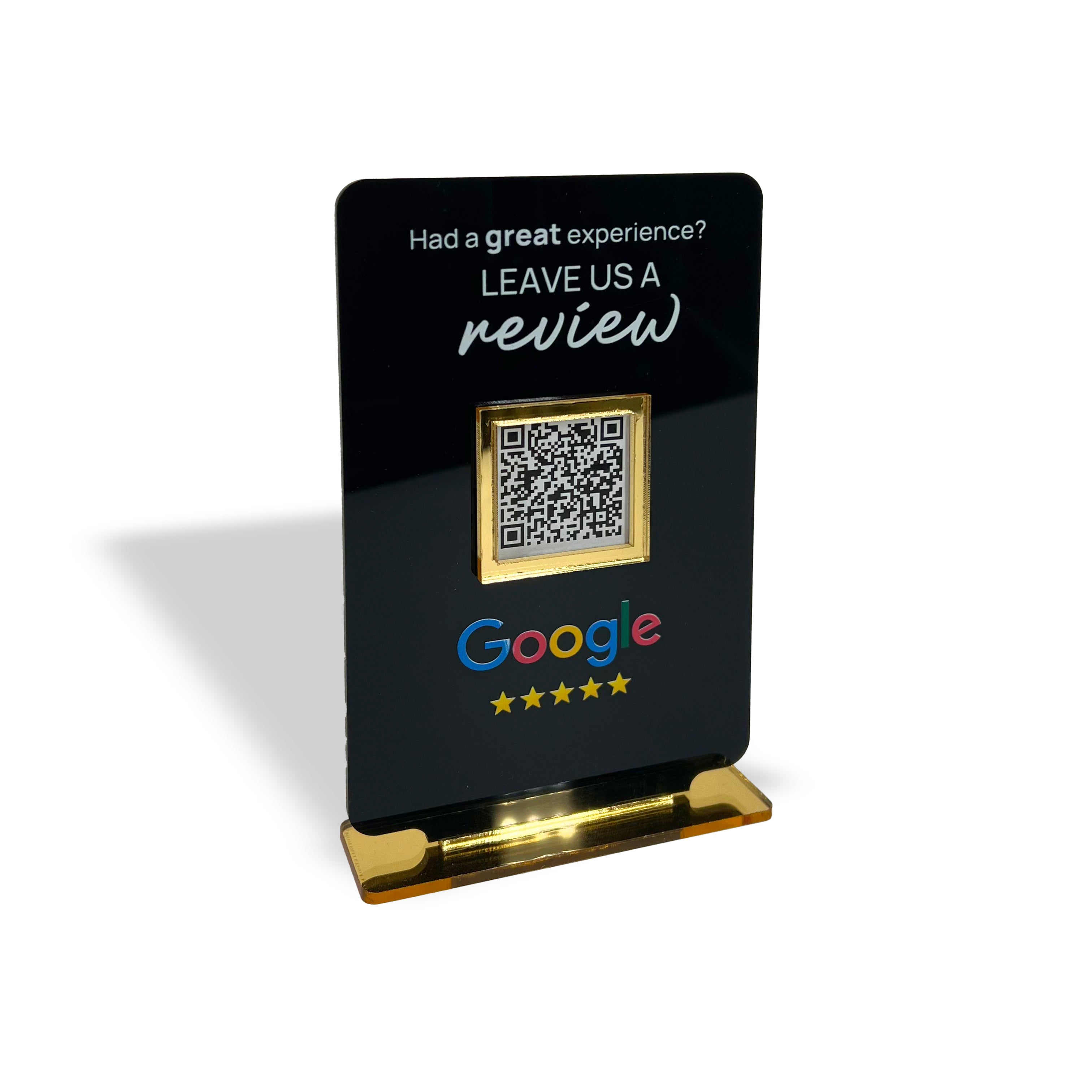 Smart-Tap, Google Review Table Talker με NFC/QR Code, T-Shape Small με το λογότυπό σας. Μαύρο με χρυσά διακοσμητικά