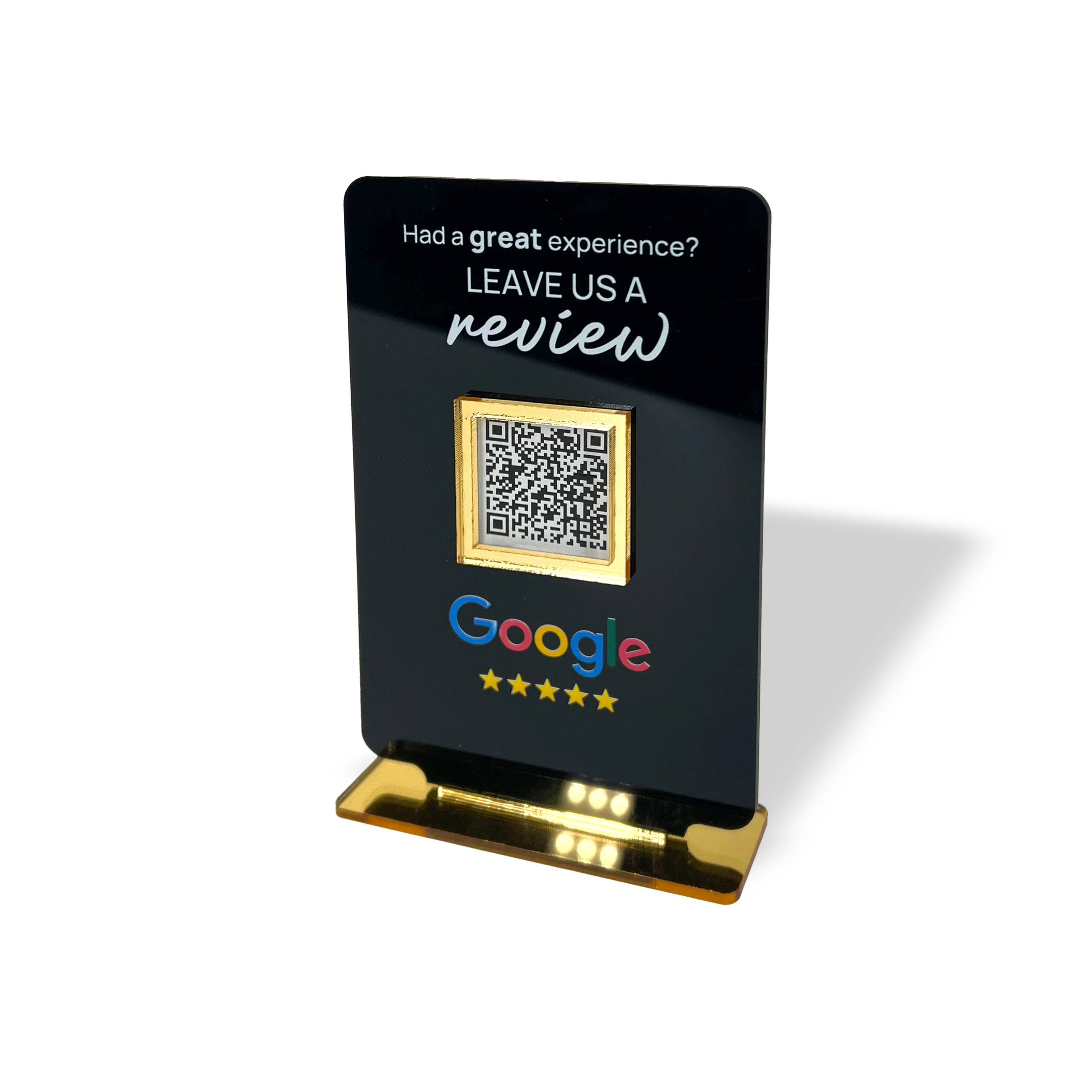 Smart-Tap, Google Review Table Talker με NFC/QR Code, T-Shape Small με το λογότυπό σας. Μαύρο με χρυσά διακοσμητικά
