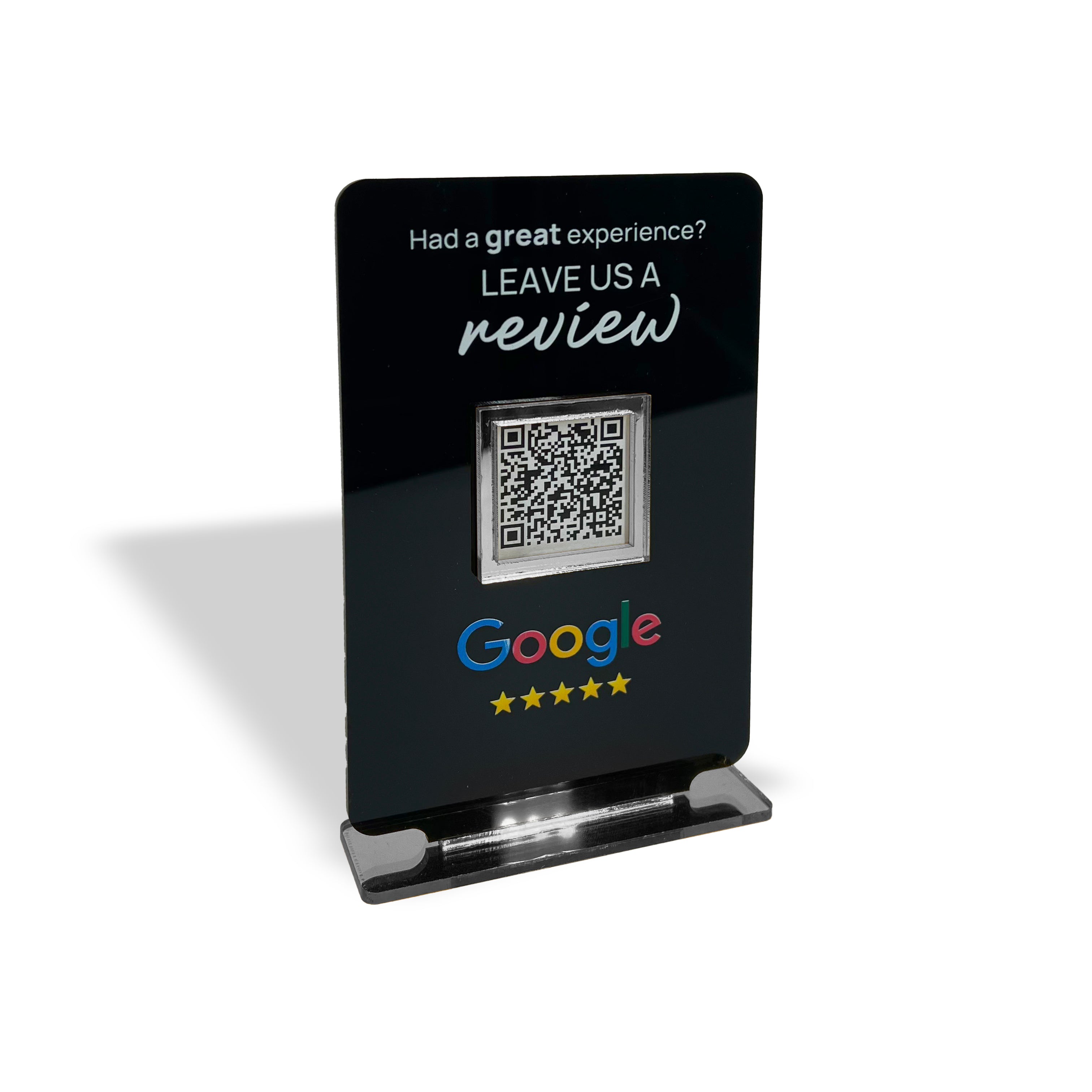 Smart-Tap, Google Review Table Talker με NFC/QR Code, T-Shape Small με το λογότυπό σας. Μαύρο με ασημένια διακοσμητικά