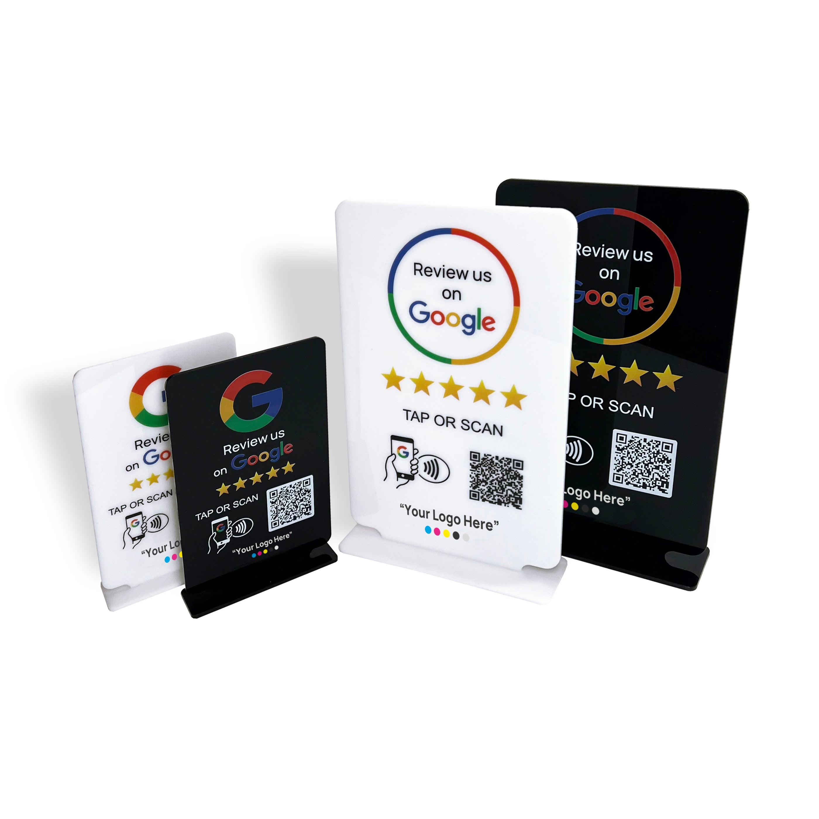 Smart-Tap, Google Review Table Talker με NFC/QR Code, T-Shape με το λογότυπο σας. Άσπρο, μαύρο Μικρό, μεγάλο