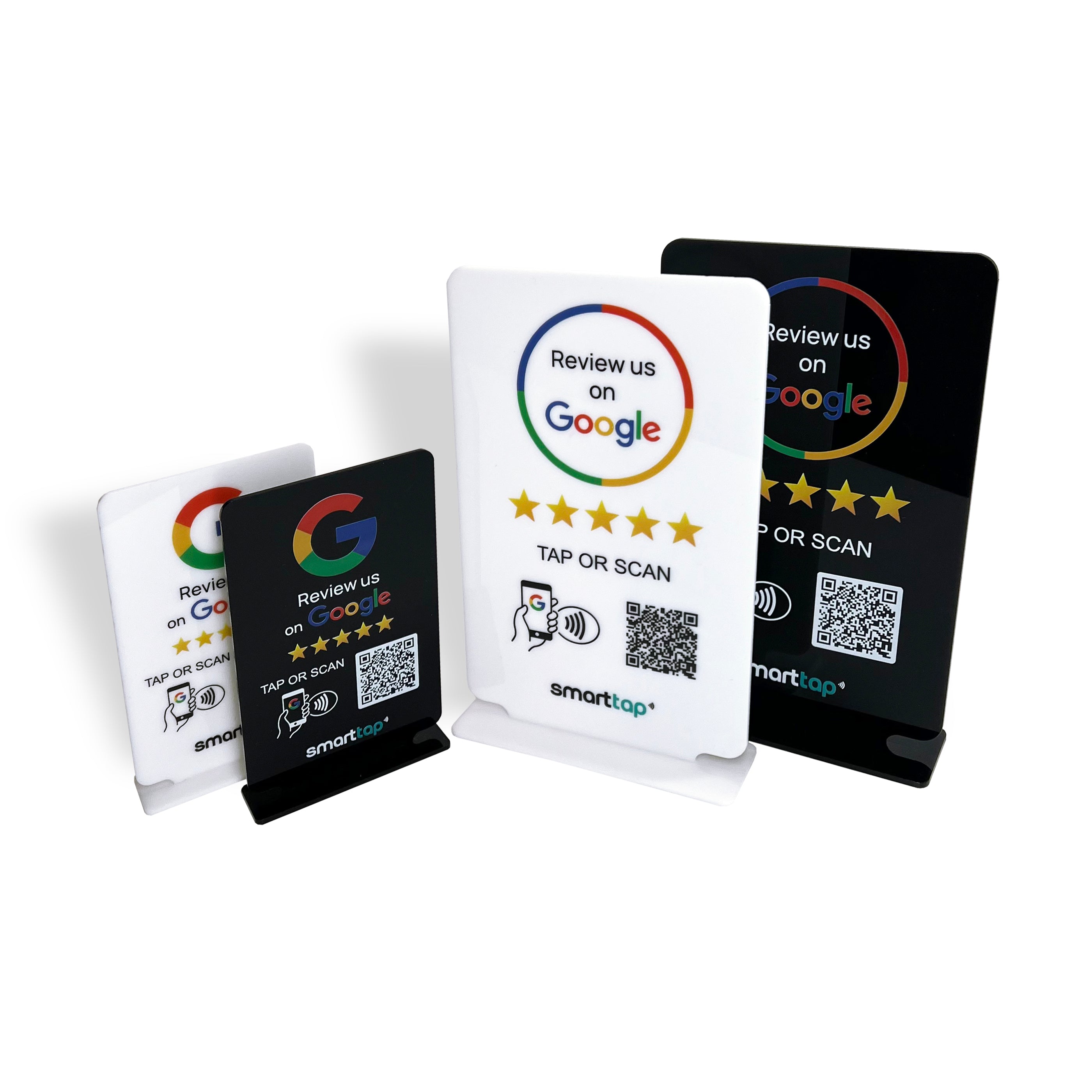 Smart-Tap, Google Review Table Talker με NFC/QR Code, T-Shape χωρίς το λογότυπο σας. Μικρό και μεγάλο. Άσπρο και μαύρο