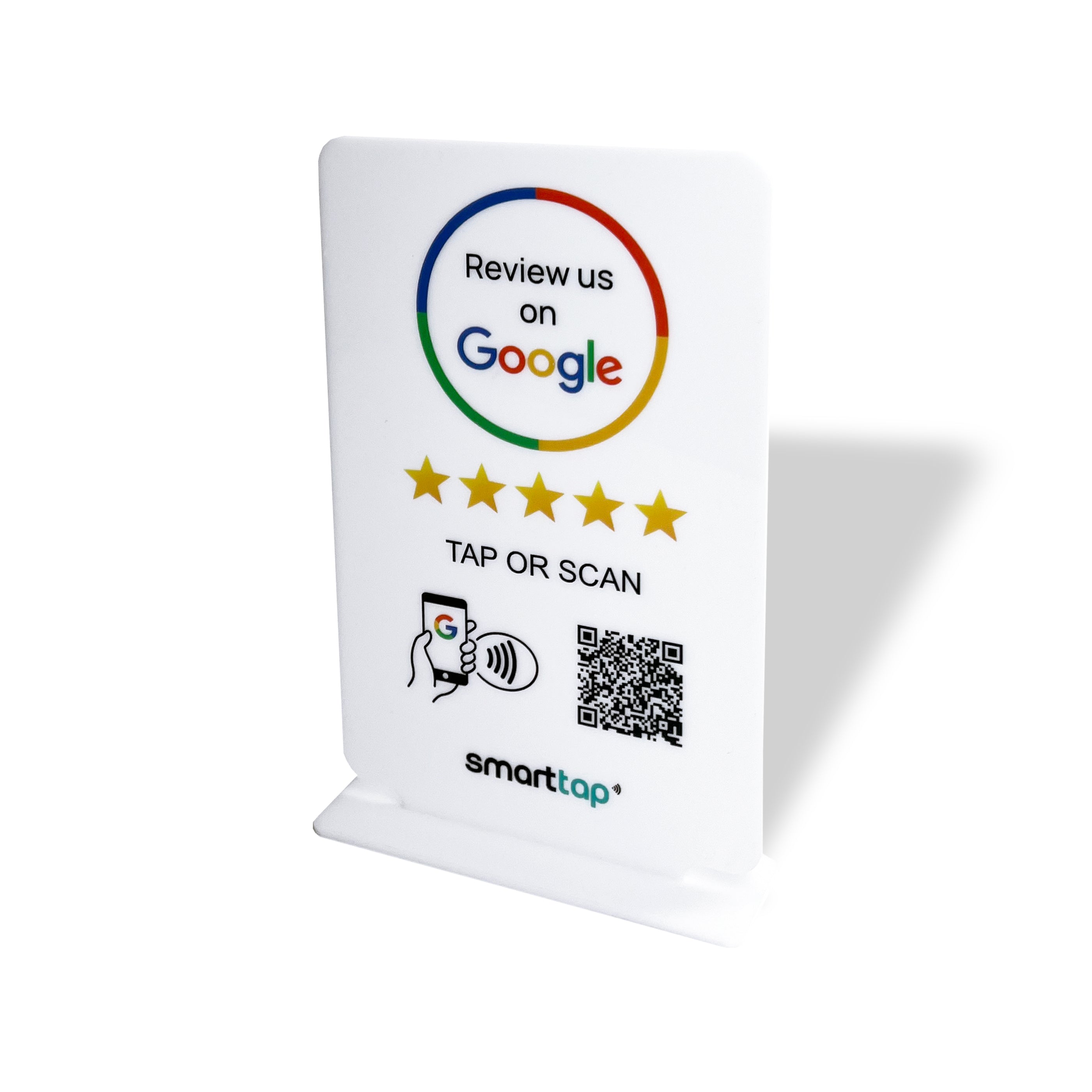 Smart-Tap, Google Review Table Talker με NFC/QR Code, T-Shape χωρίς το λογότυπο σας. Μεγάλο σε άσπρο χρώμα