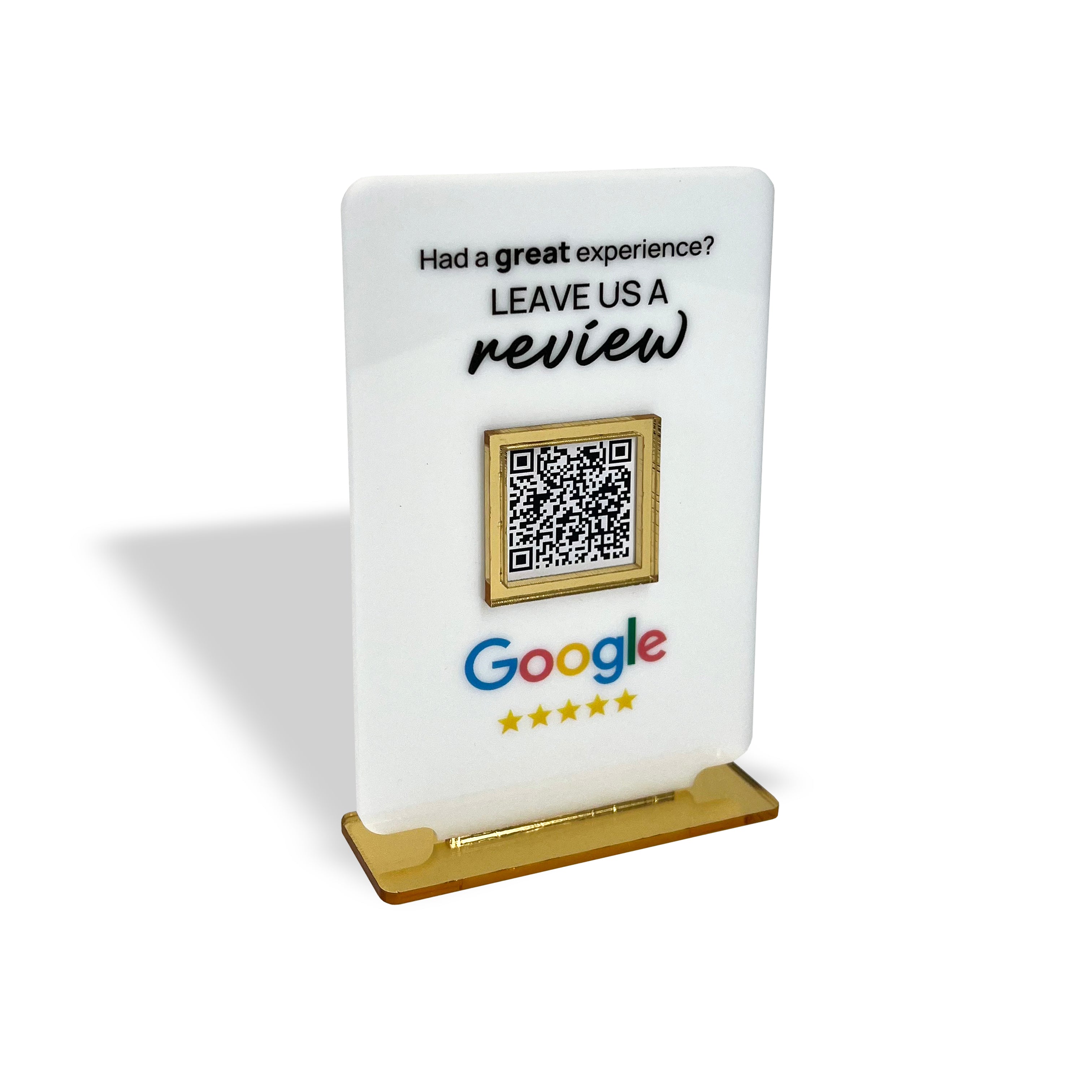 Smart-Tap, Google Review Table Talker με NFC/QR Code, T-Shape Small με το λογότυπό σας. Άσπρο με χρυσά διακοσμητικά
