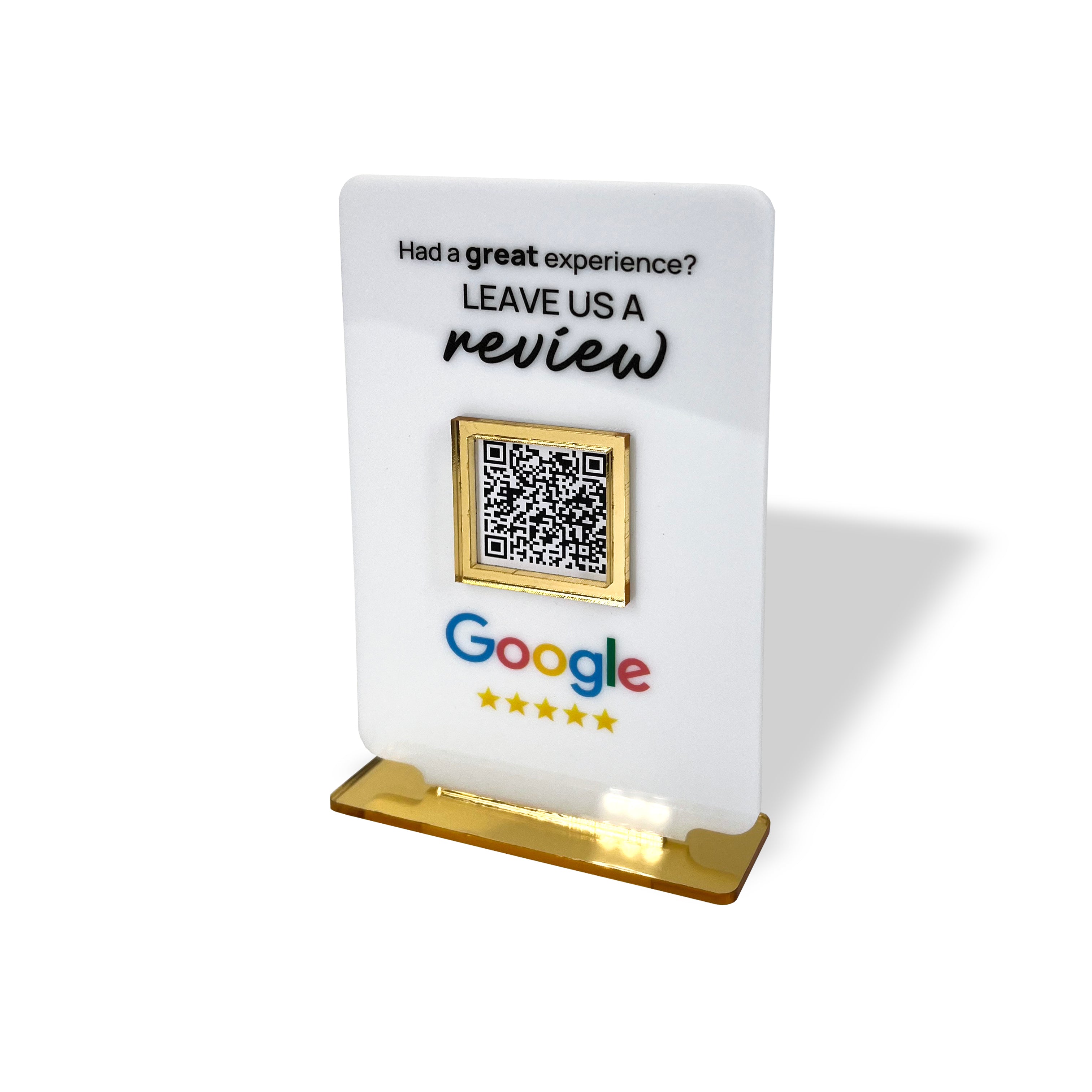 Smart-Tap, Google Review Table Talker με NFC/QR Code, T-Shape Small με το λογότυπό σας. Άσπρο με χρυσά διακοσμητικά