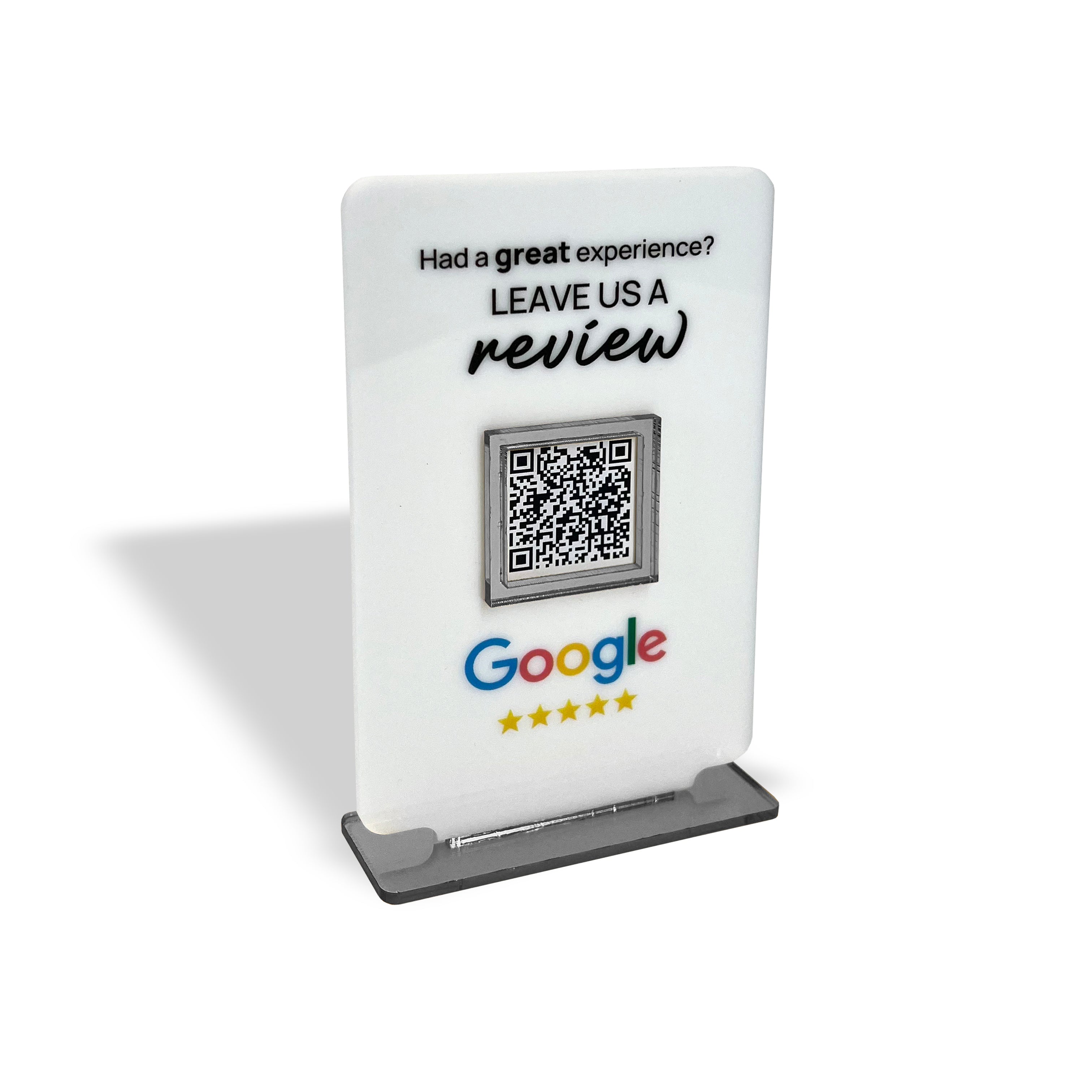 Smart-Tap, Google Review Table Talker με NFC/QR Code, T-Shape Small με το λογότυπό σας. Άσπρο με ασημένια διακοσμητικά