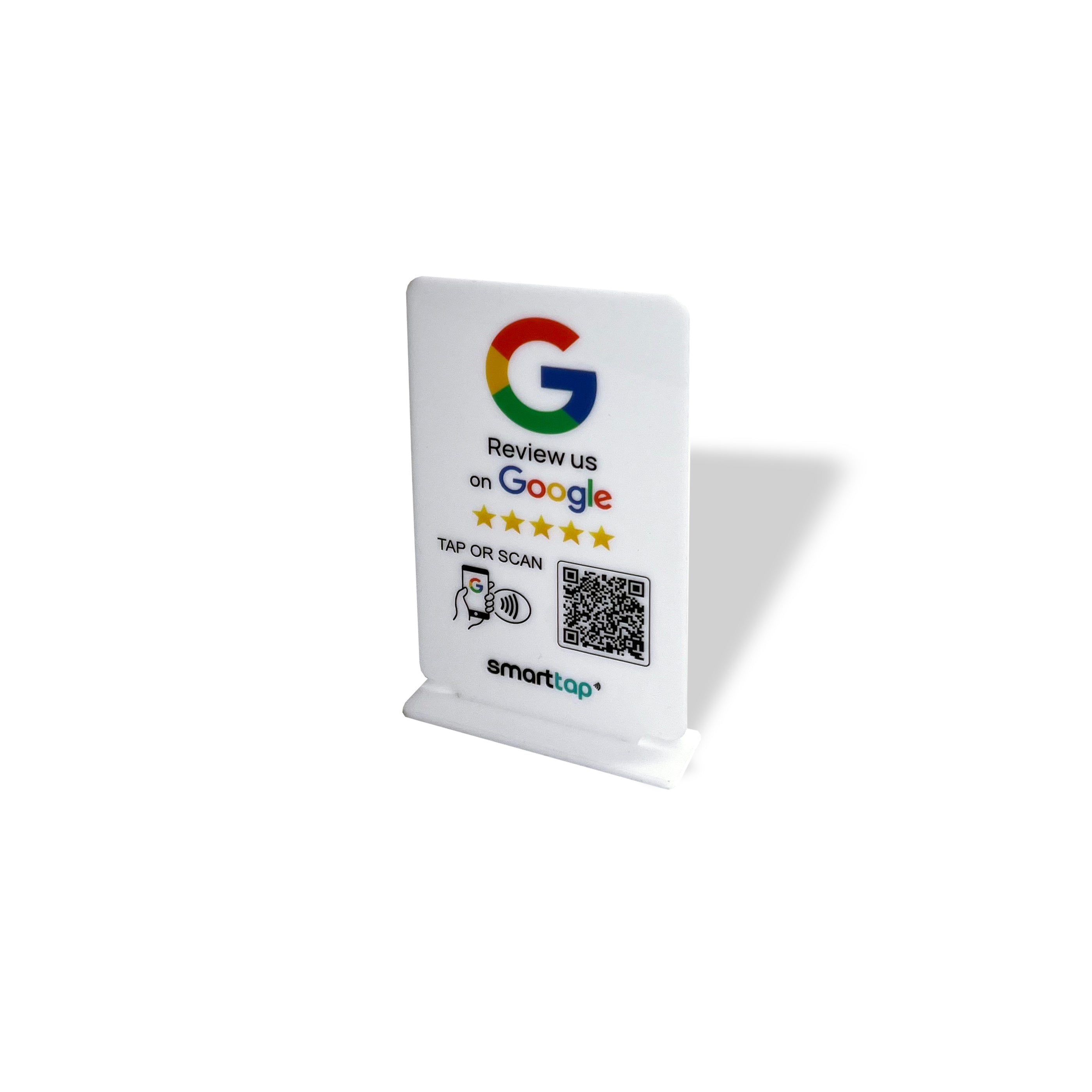 Smart-Tap, Google Review Table Talker με NFC/QR Code, T-Shape χωρίς το λογότυπο σας. Μικρό σε άσπρο χρώμα.
