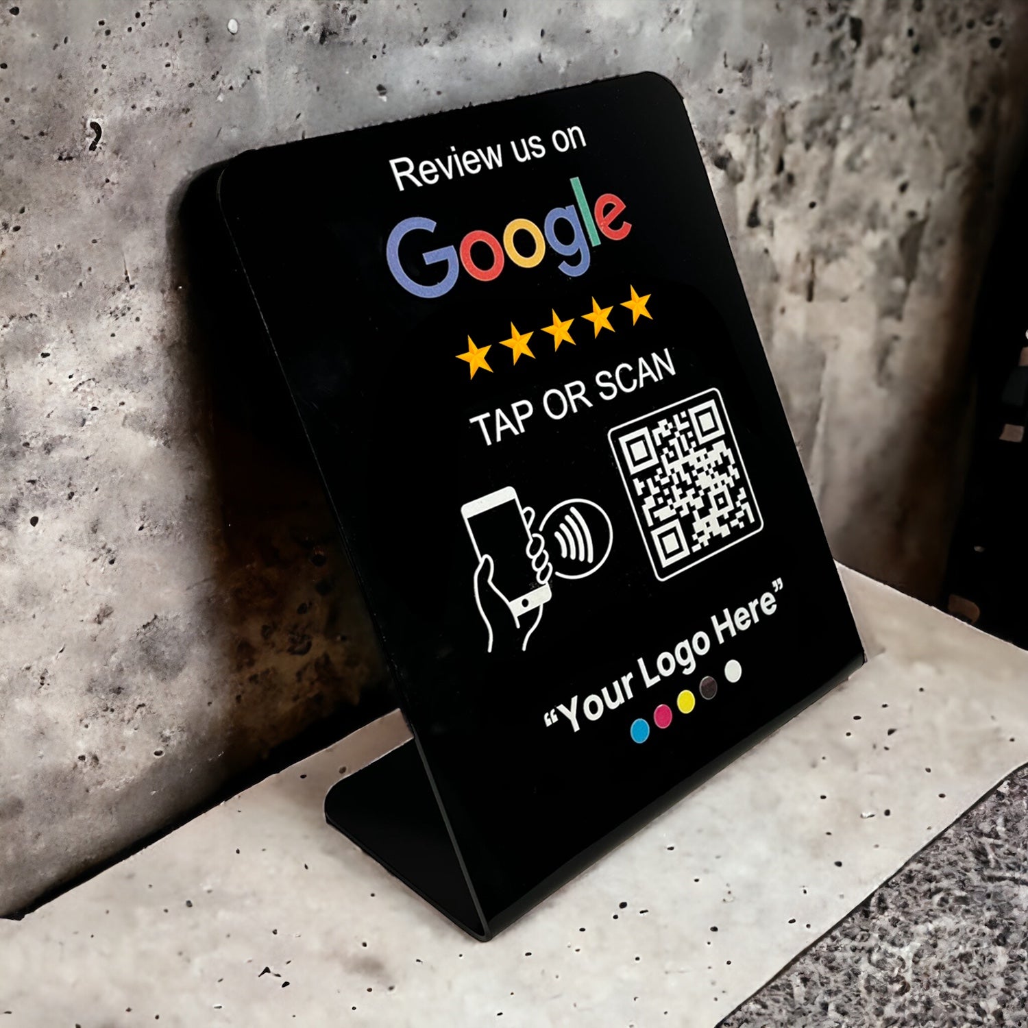 Smart-Tap, Google Review Table Talker με NFC/QR Code L-Shape Black με το λογότυπό σας. Μεγάλο με έγχρωμη εκτύπωση