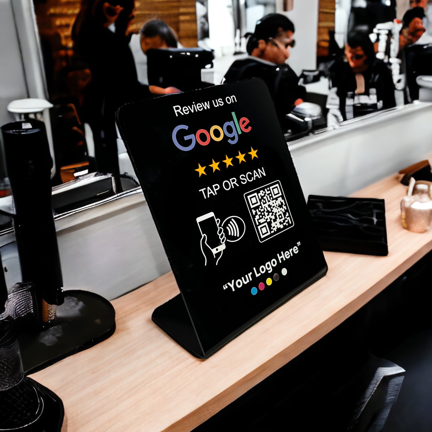 Smart-Tap, Google Review Table Talker με NFC/QR Code L-Shape Black με το λογότυπό σας. Μεγάλο με έγχρωμη εκτύπωση