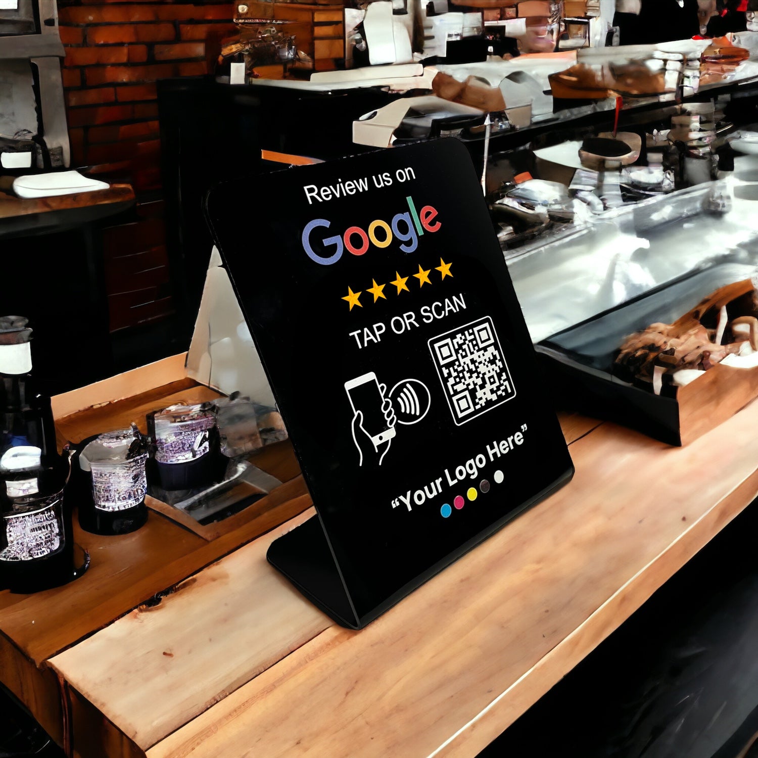 Smart-Tap, Google Review Table Talker με NFC/QR Code L-Shape Black με το λογότυπό σας. Μεγάλο με έγχρωμη εκτύπωση