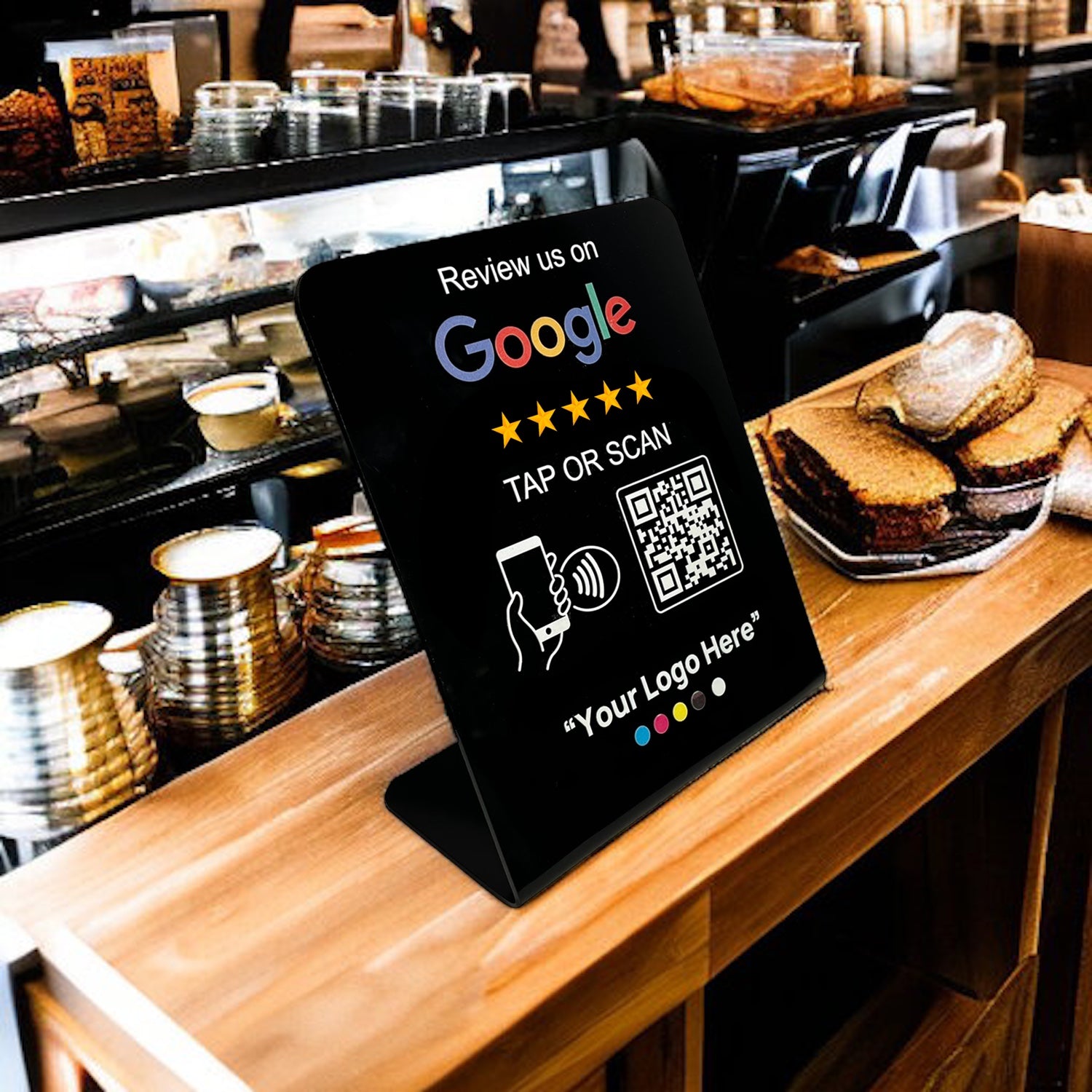 Smart-Tap, Google Review Table Talker με NFC/QR Code L-Shape Black με το λογότυπό σας. Μεγάλο με έγχρωμη εκτύπωση