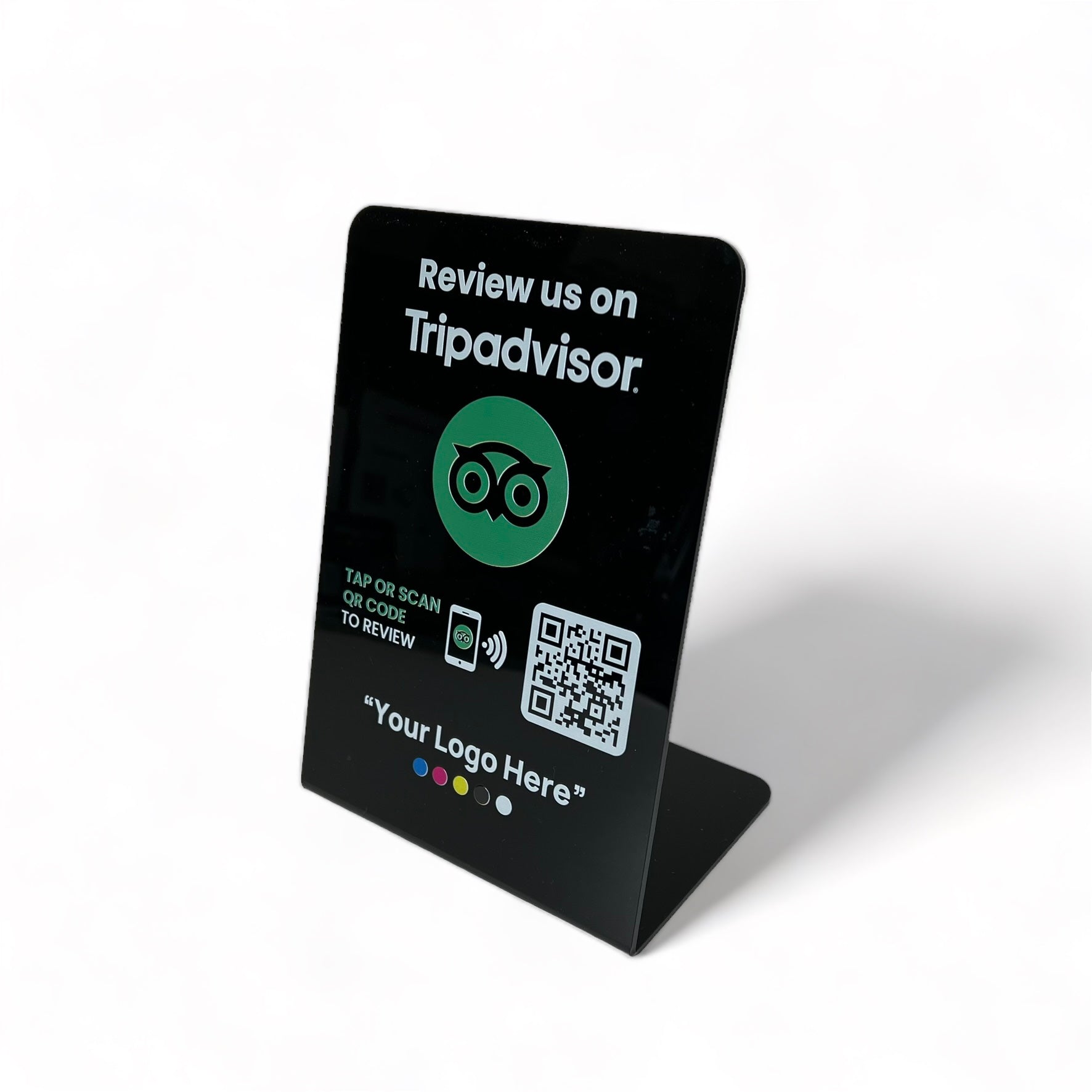 Smart-Tap, Tripadvisor Table Talker με NFC/QR Code, L-Shape με το λογότυπο σας. Μεγάλο, σε μαύρο χρώμα