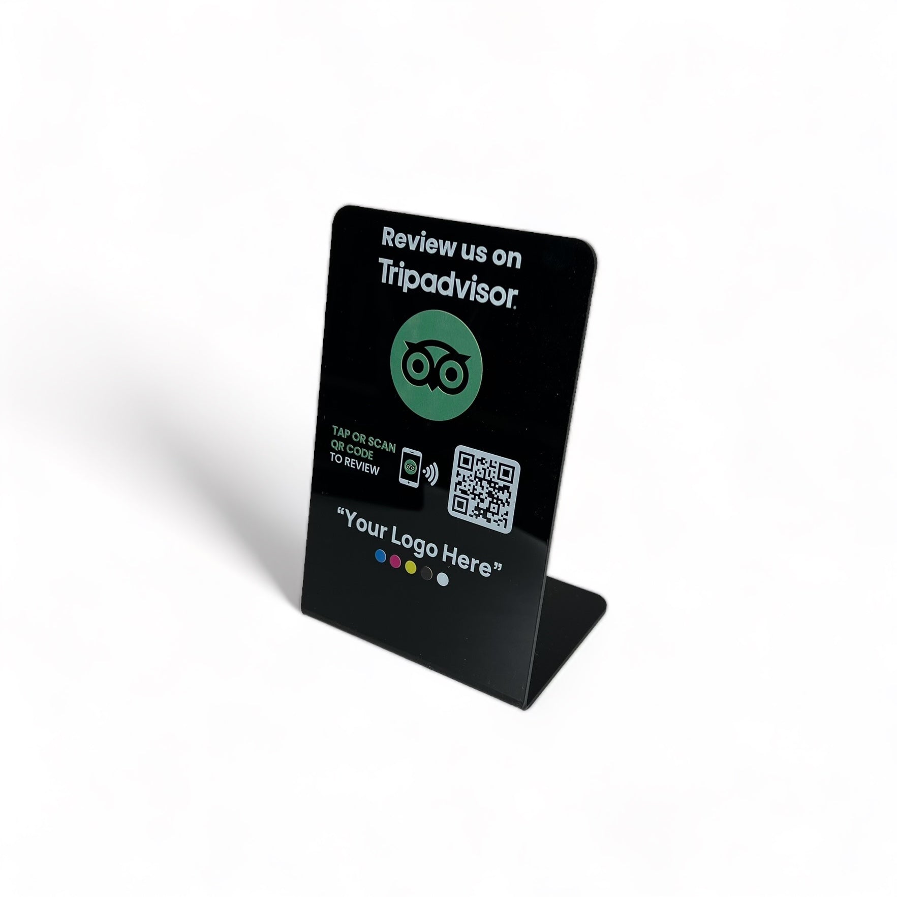 Smart-Tap, Tripadvisor Table Talker με NFC/QR Code, L-Shape με το λογότυπο σας. Μικρό, σε μαύρο χρώμα