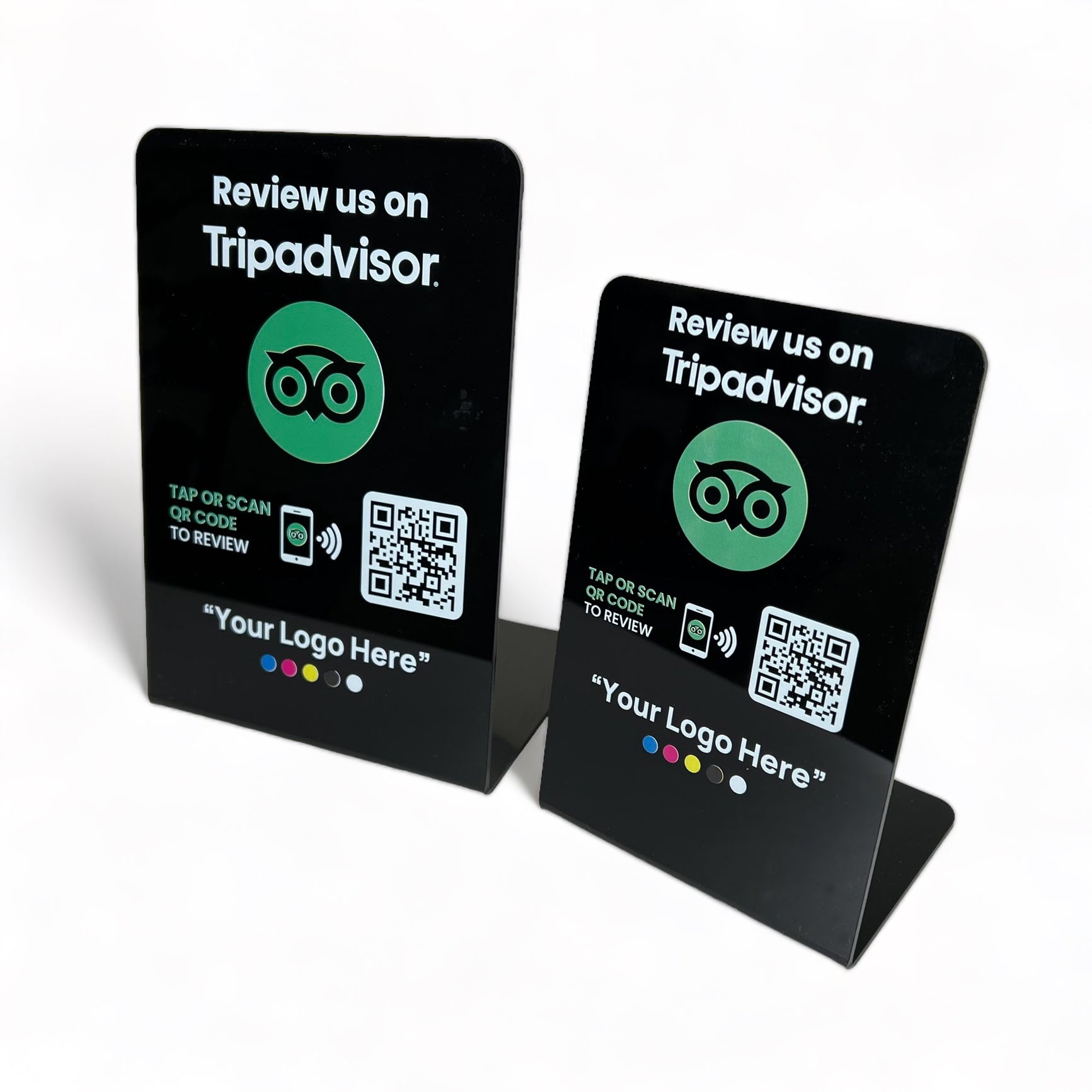 Smart-Tap, Tripadvisor Table Talker με NFC/QR Code, L-Shape με το λογότυπο σας. Μικρό και μεγάλο. Σε μαύρο χρώμα
