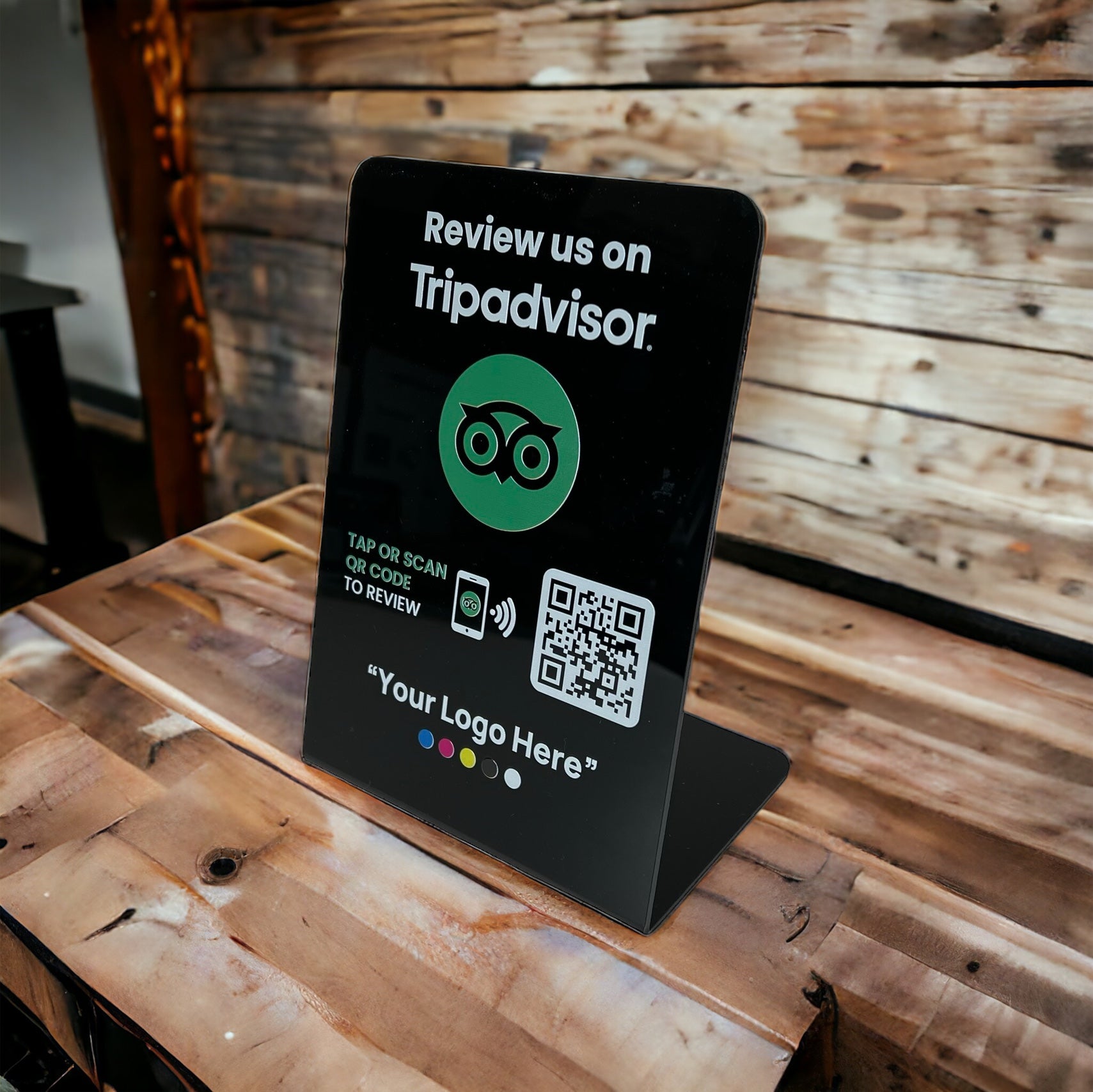 Smart-Tap, Tripadvisor Table Talker με NFC/QR Code, L-Shape με το λογότυπο σας. Μεγάλο, σε μαύρο χρώμα