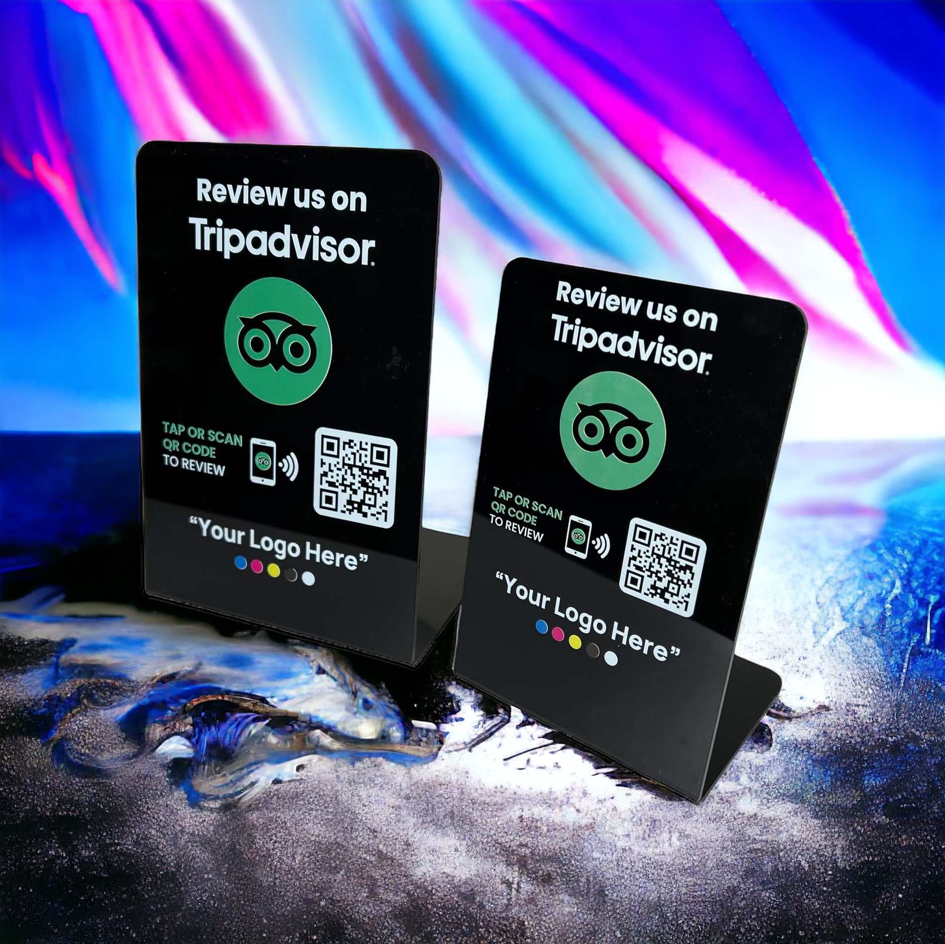 Smart-Tap, Tripadvisor Table Talker με NFC/QR Code, L-Shape με το λογότυπο σας. Μικρό και μεγάλο. Σε μαύρο χρώμα