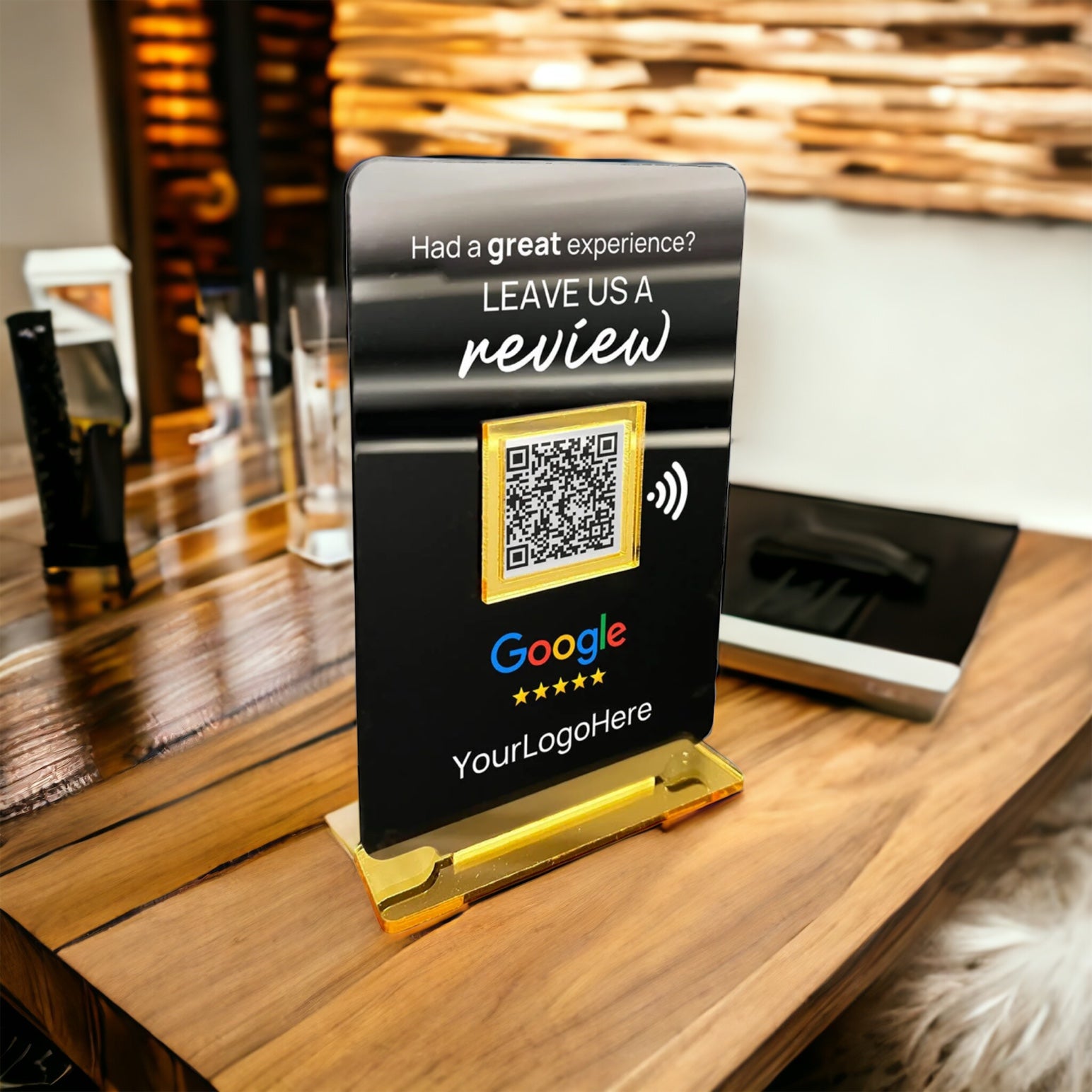 Smart-Tap, Google Review Table Talker με NFC/QR Code, T-Shape Big με το λογότυπό σας. Μαύρο με χρυσά διακοσμητικά