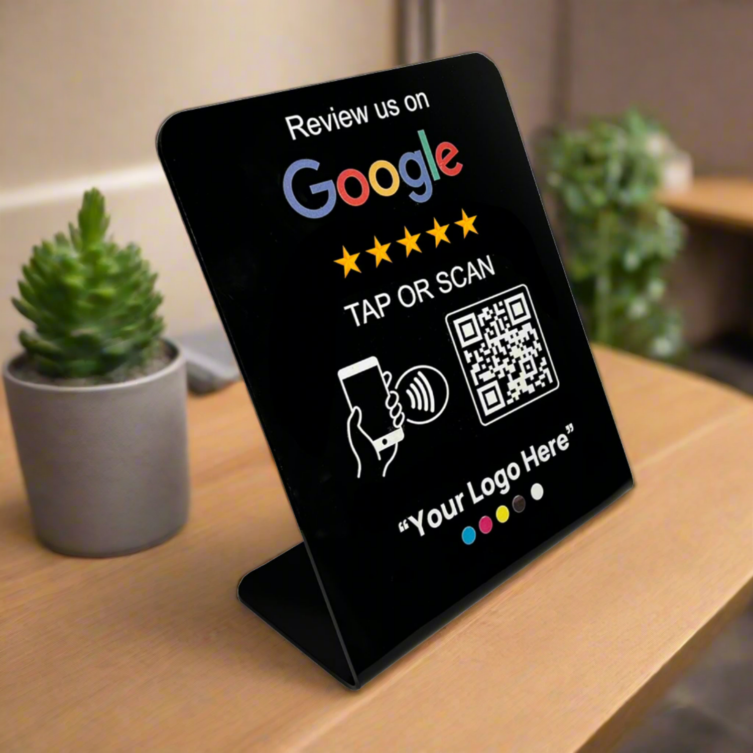 Smart-Tap, Google Review Table Talker με NFC/QR Code L-Shape Black με το λογότυπό σας. Μεγάλο με έγχρωμη εκτύπωση