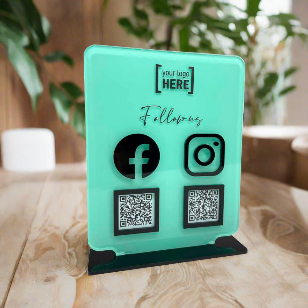 Smart-Tap, Google Review Table Talker 2-Links με NFC/QR Code, T-Shape με χρωματιστό αυτοκόλλητο, με το λογότυπό σας. Τυρκουάζ με μαύρα διακοσμητικά