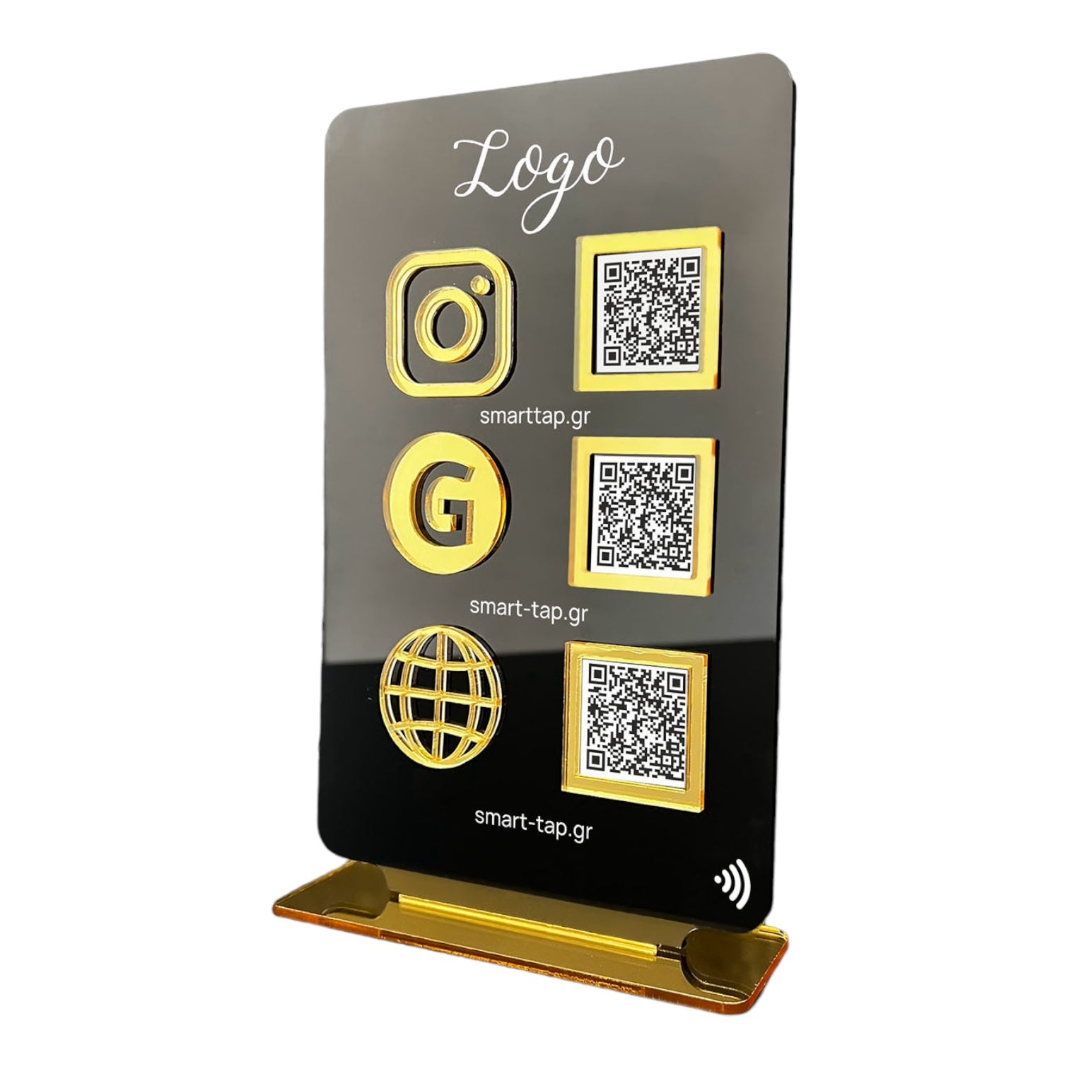 Smart-Tap, Google Review Table Talker 3-Links με NFC/QR Code, T-Shape Big με το λογότυπό σας. Μαύρο με χρυσά διακοσμητικά