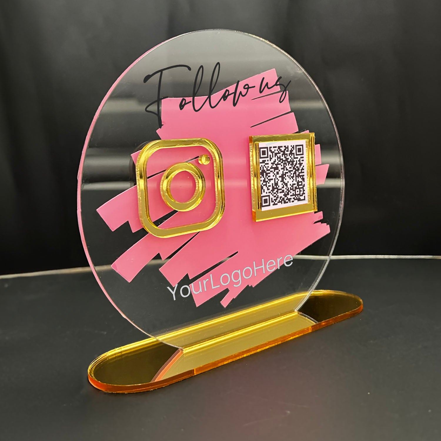 Smart-Tap, Google Review Table Talker με NFC/QR Code, O-Shape με το λογότυπό σας. Διάφανη πλάτη με χρυσά διακοσμητικά