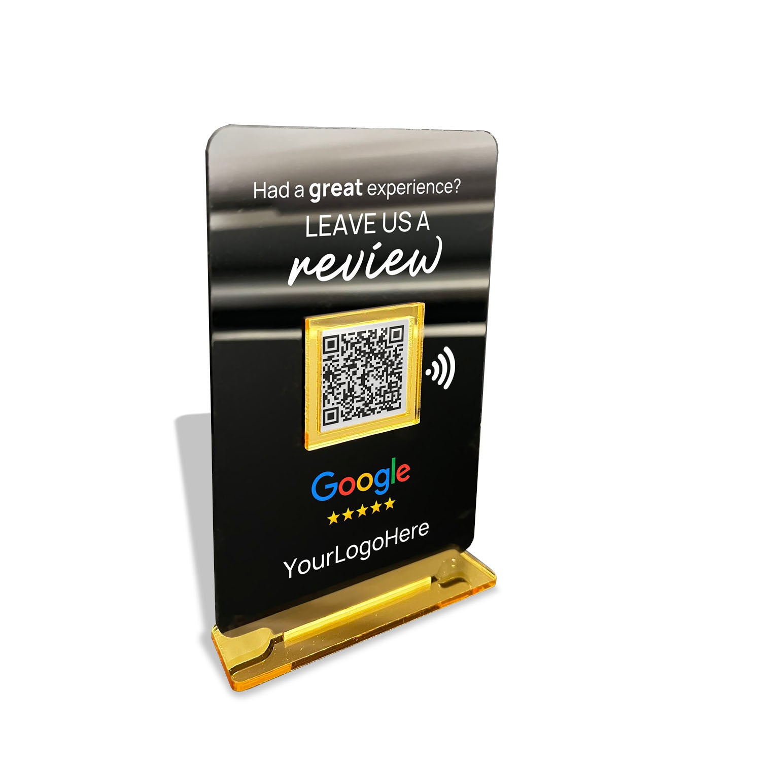 Smart-Tap, Google Review Table Talker με NFC/QR Code, T-Shape Big με το λογότυπό σας. Μαύρο με χρυσά διακοσμητικά